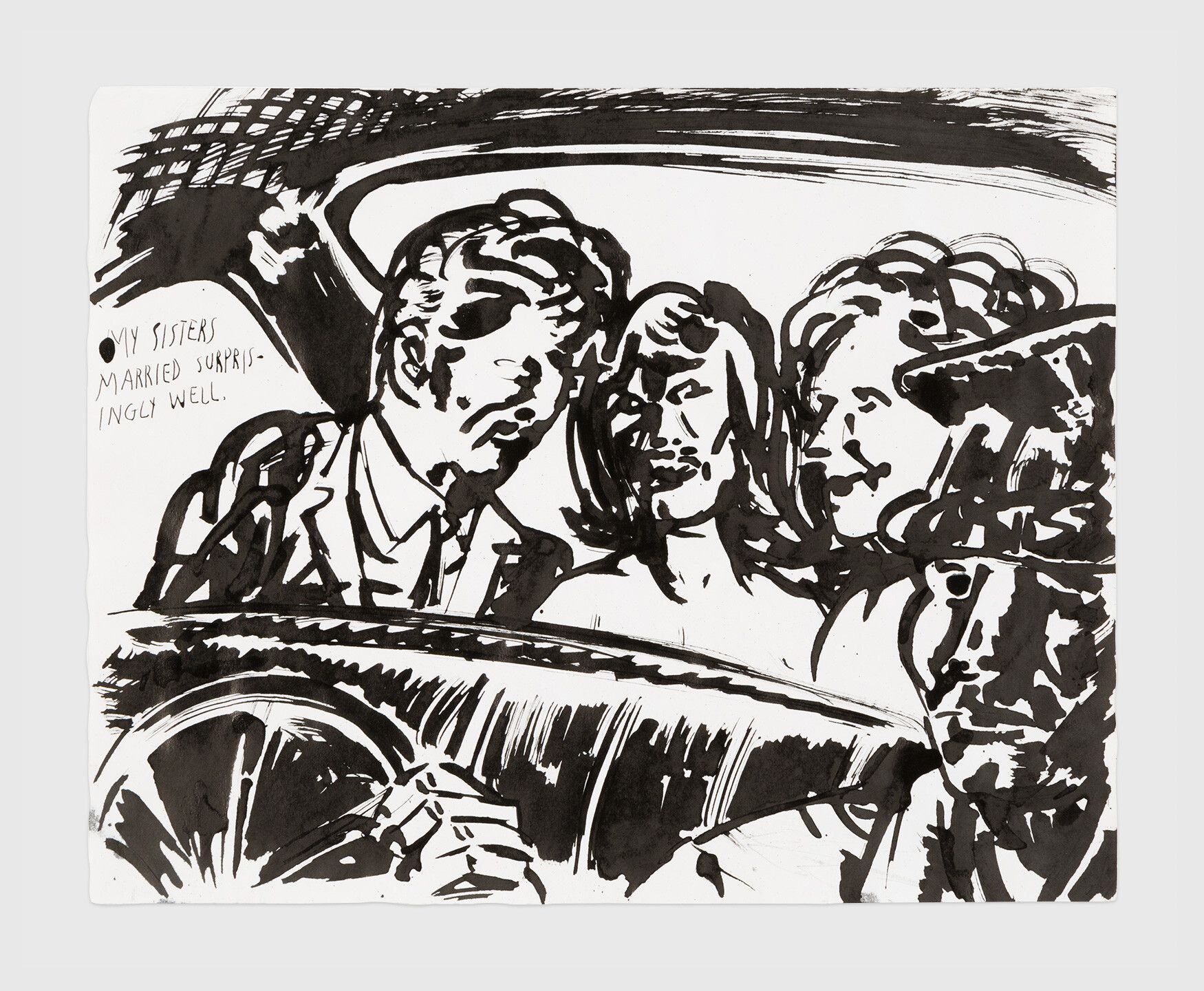 An ink drawing by Raymond Pettibon titled No Title (My sisters married...), dated 1998