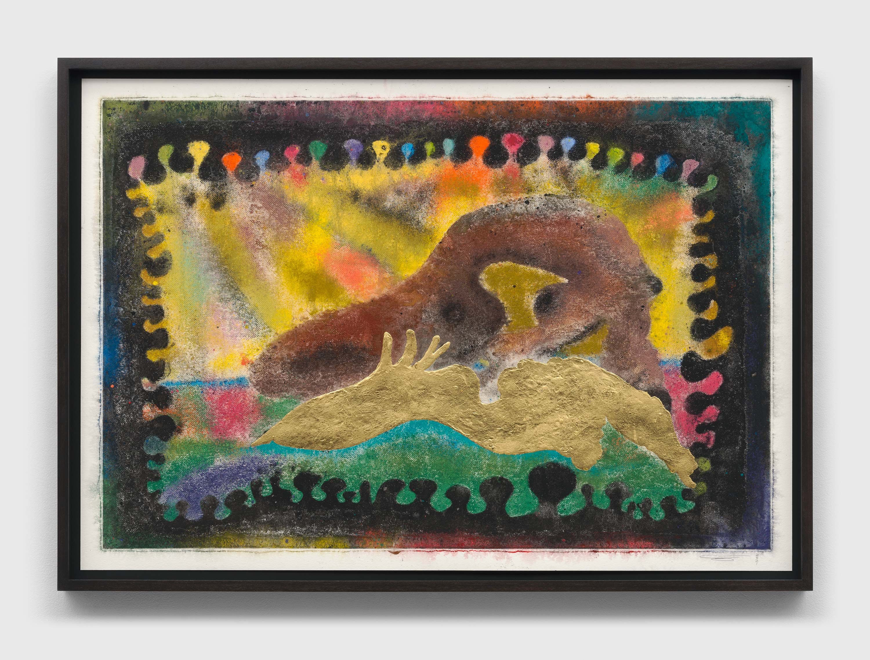 A Woodcut monoprint by Chris Ofili, titled Merging of spirits, dated 2021.