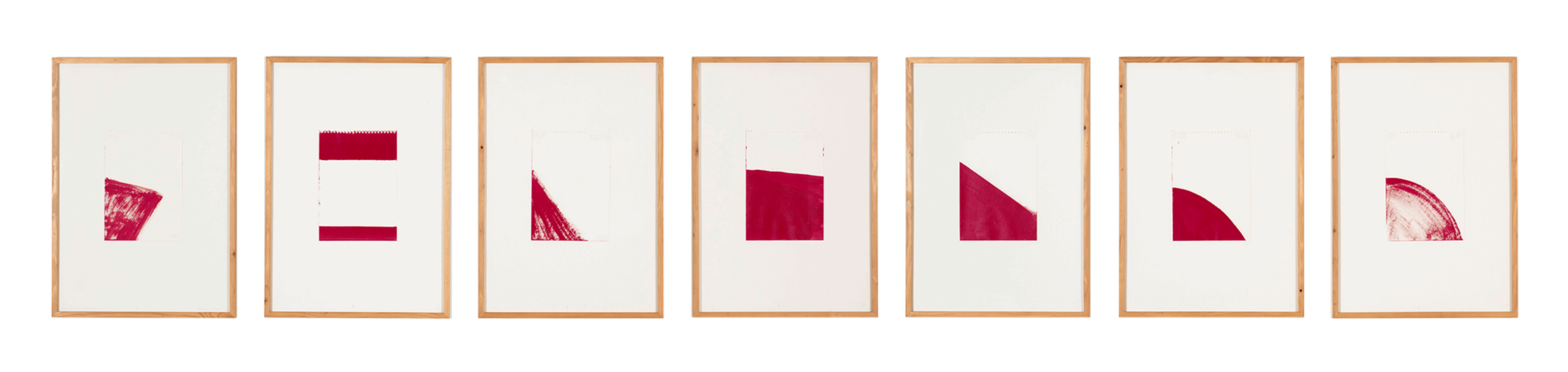 An installation view of drawings by Palermo, titled 1-7 Untitled (for Babette), dated 1976.