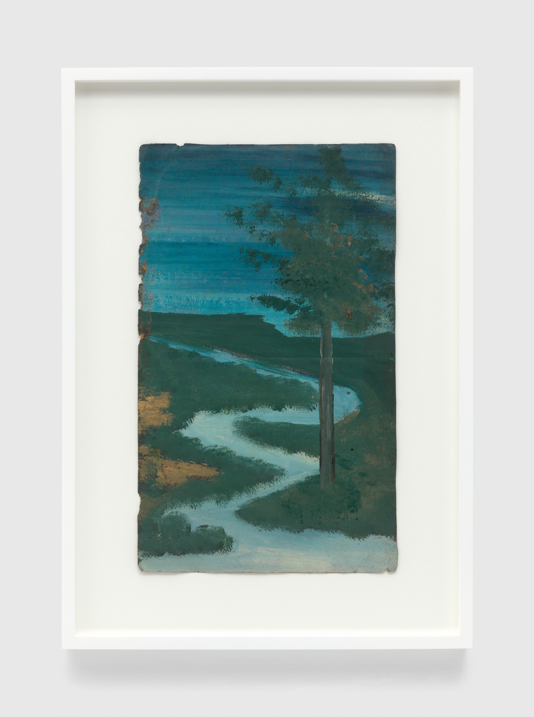 A painting by Frank Walter, called Untitled (Vertical Landscape with Single Tree, Meandering River Up Hill) , n.d.