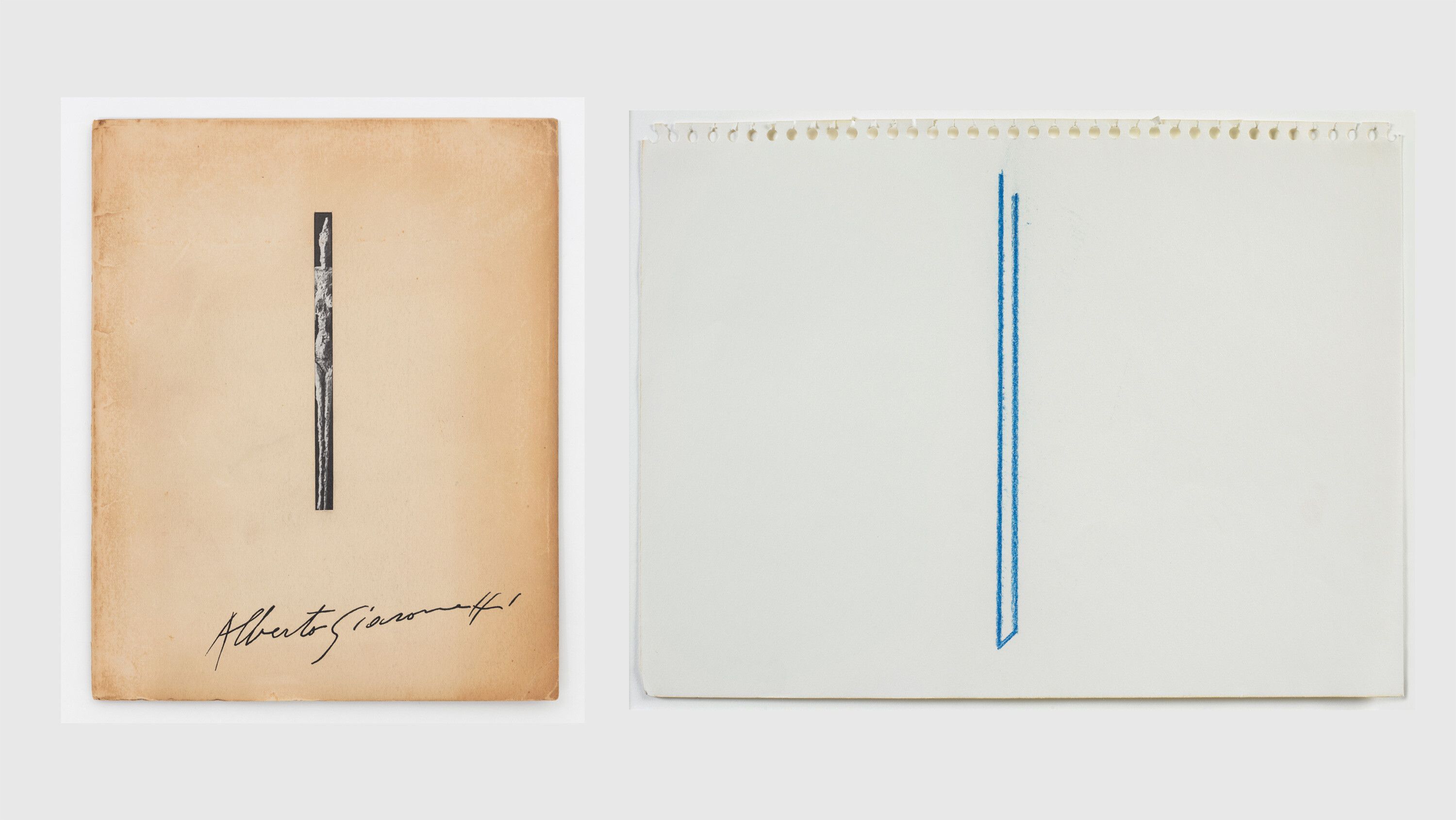 Left is Alberto Giacometti exhibition catalog cover, Pierre Matisse Gallery, New York, dated 1948; On the right is untitled work by Fred Sandback, circa 1975