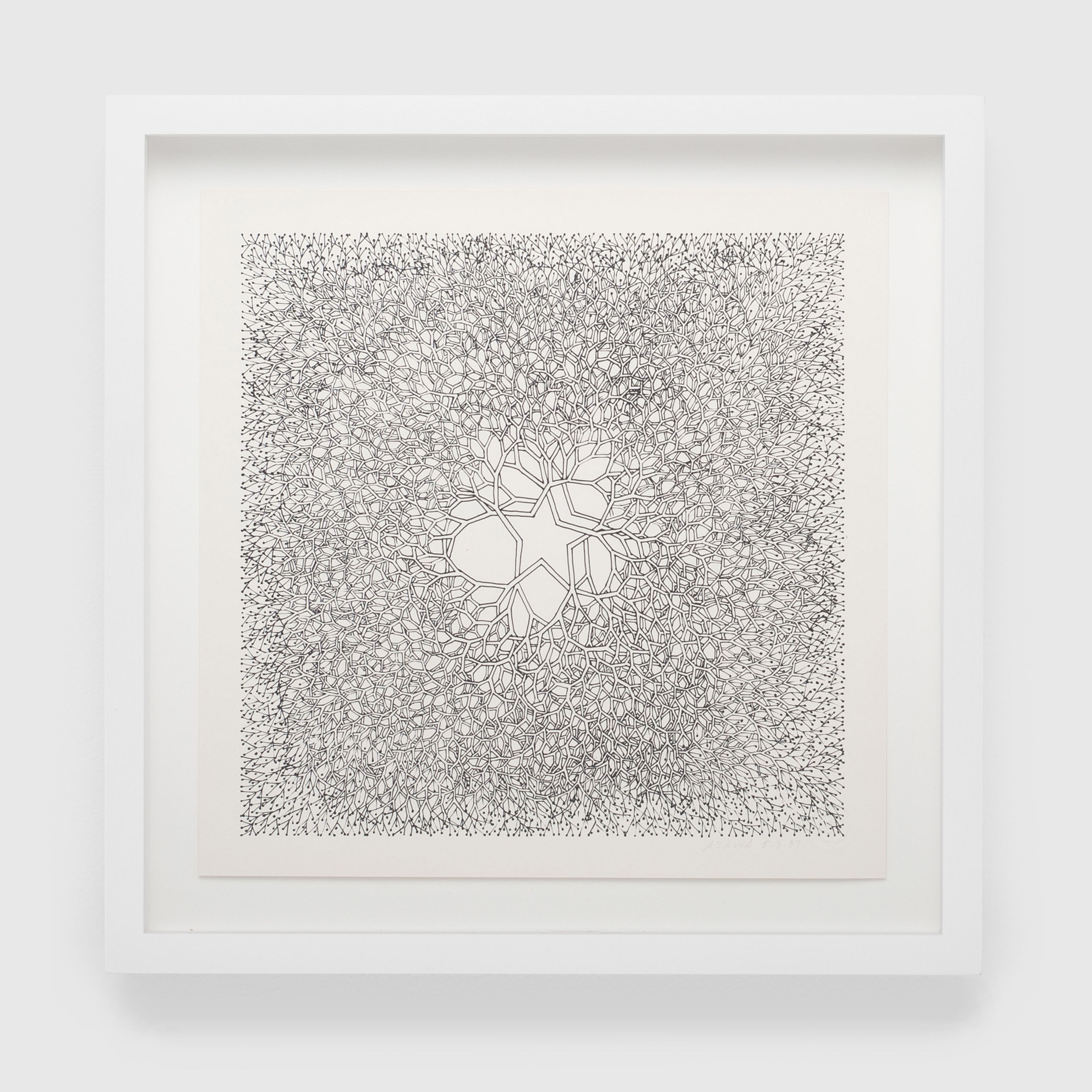 An offset lithograph on paper by Ruth Asawa, titled Desert Star (P.004, Tied wire tree with asymmetrical five pointed star in center branching to an enclosed square), dated 1987.