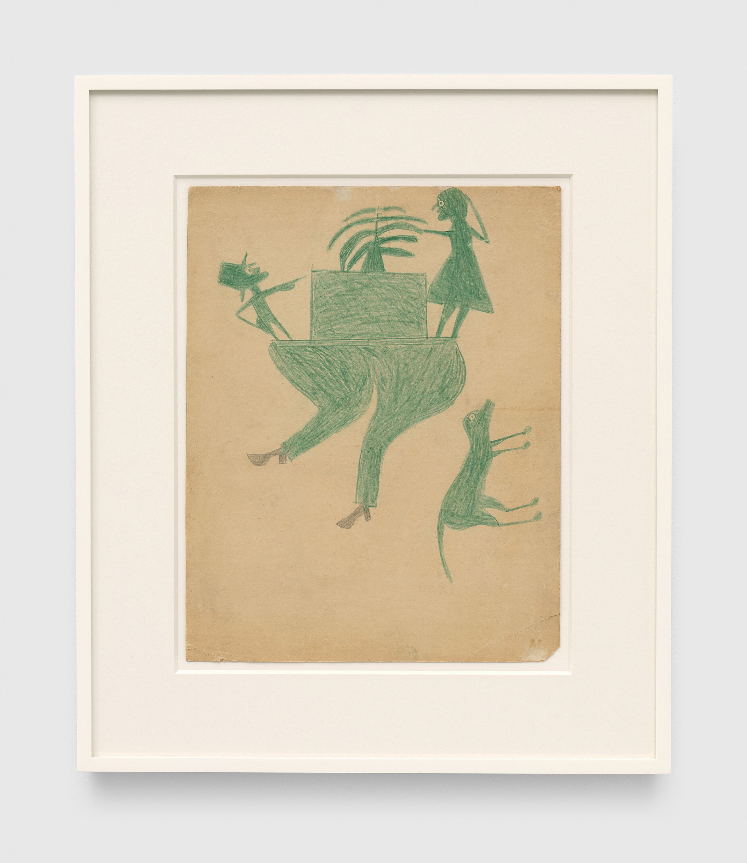 A drawing by Bill Traylor, titled Half of Green Man with Dog, Plant and Figures, circa 1939 to 1940.