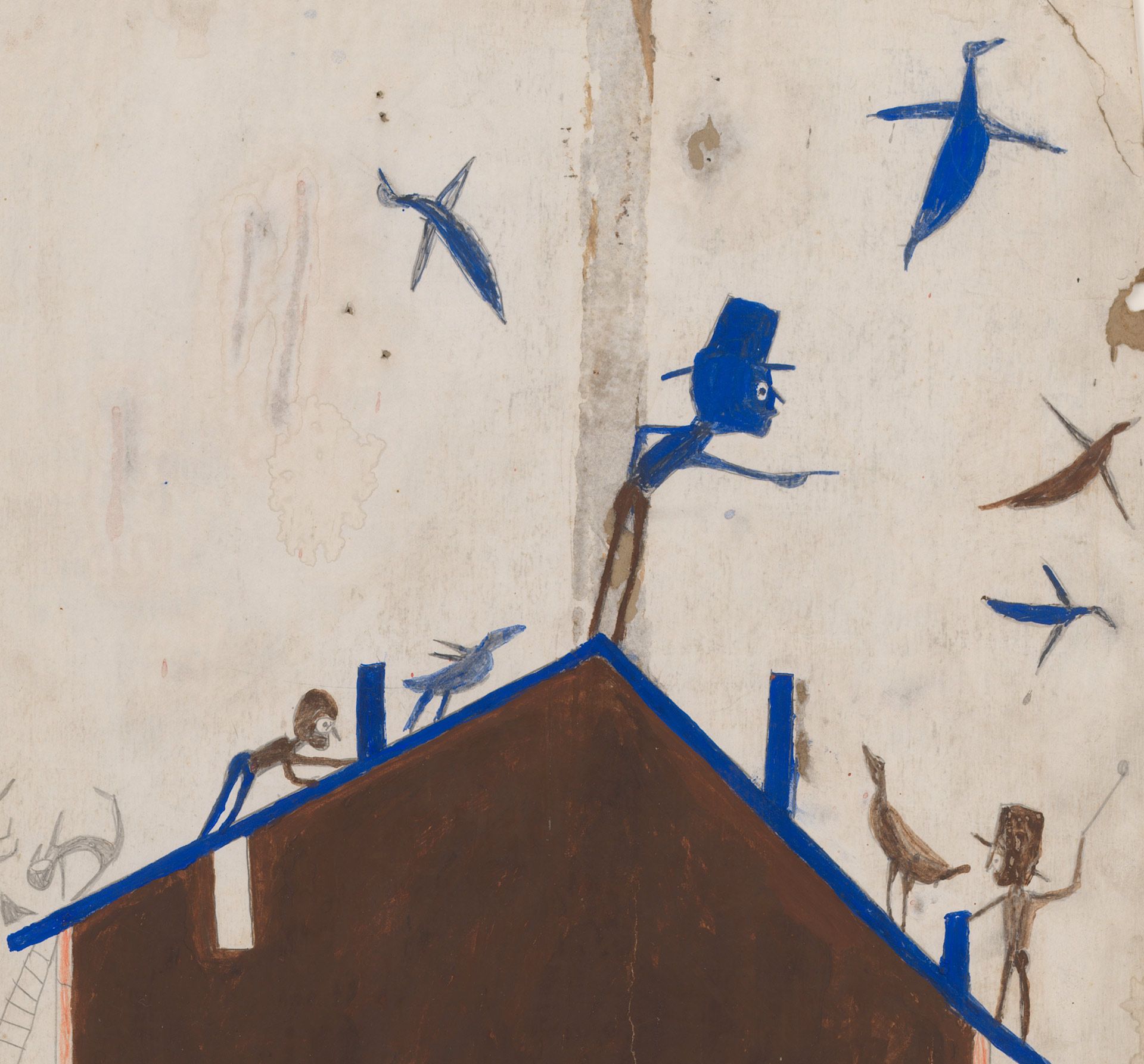 A detail from a work by Bill Traylor, titled Brown House with Multiple Figures and Birds, 1939-1942.