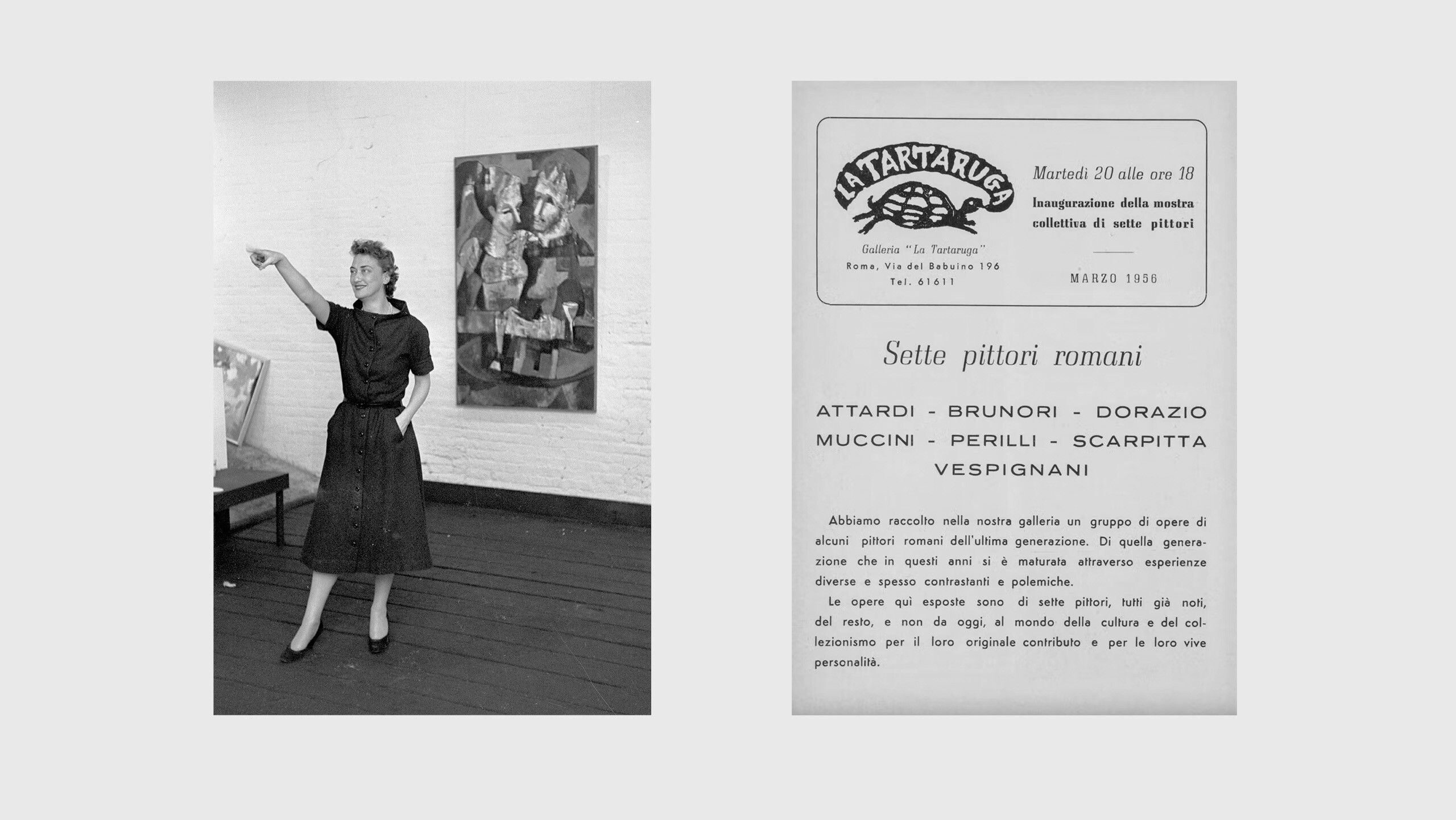 a photo ofEleanor Ward at the Stable Gallery, New York, 1954 (left); Bulletin for Galería La Tartaruga, March 1956. (right)