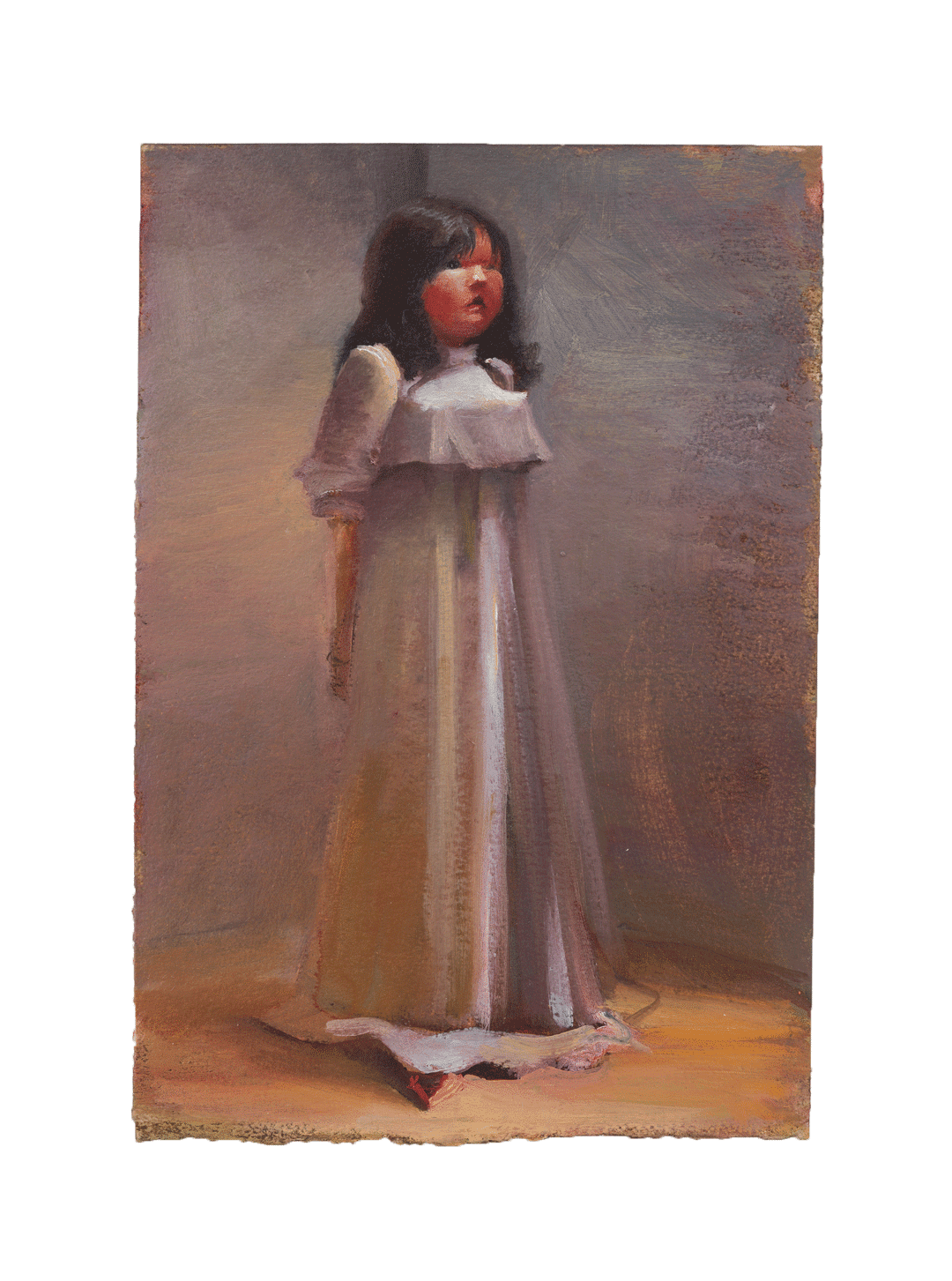 A painting by Lisa Yuskavage, titled Transference Portrait of My Shrink in Her Starched Nightgown with My Face and Her Hair, dated 1995.