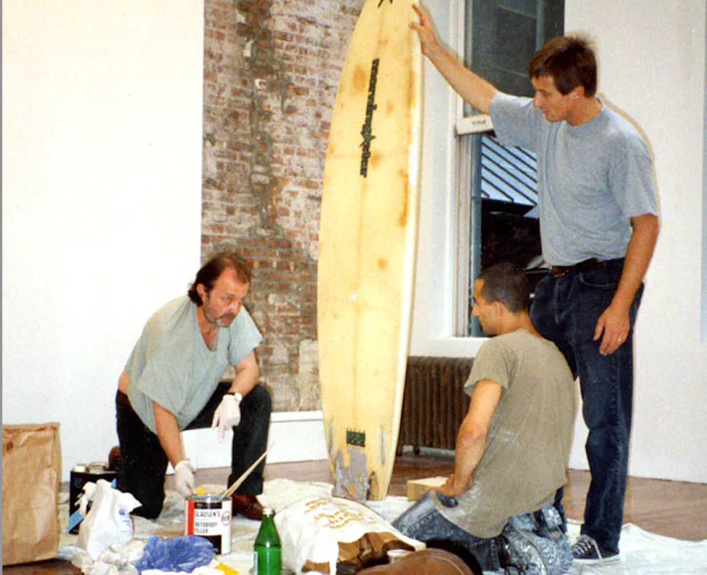A photo of Franz West and David Zwirner working on Limerick (1994) for Franz West: Home Elements (A Retrospective), 43 Greene Street, New York, dated 1994