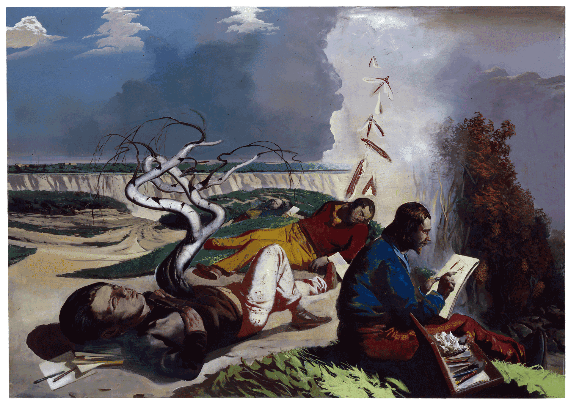 A painting by Neo Rauch, titled Das Plateau, dated 2008.