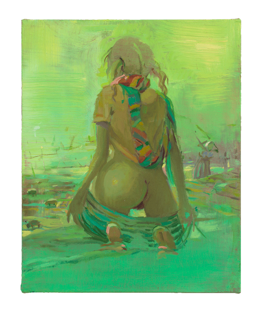 A painting by Lisa Yuskavage, titled Striped Scarf, dated 2013.