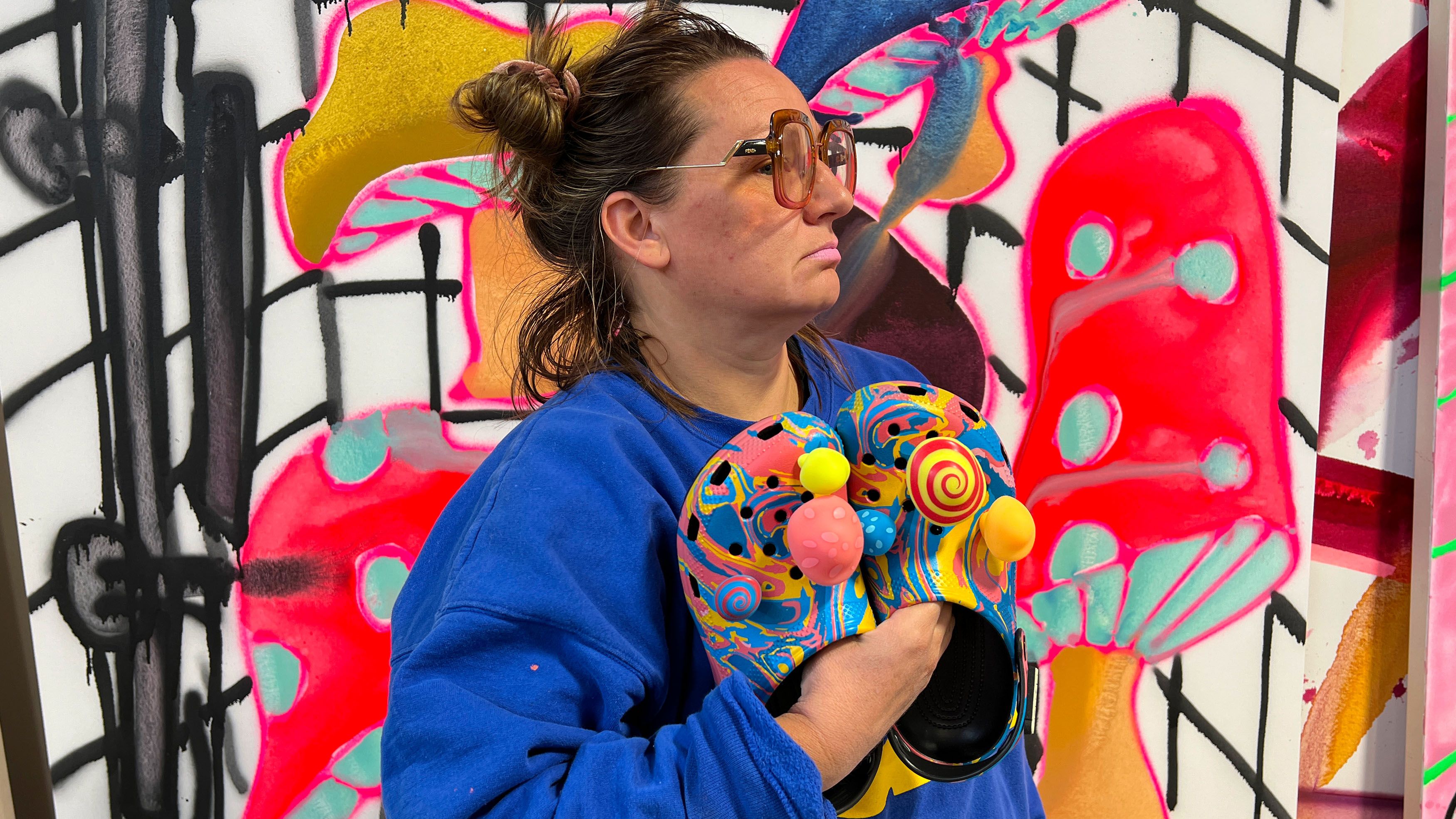 Portrait of Katherine Bernhardt in her studio
