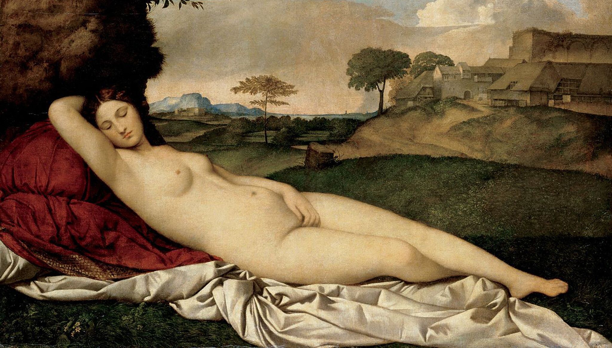 An artwork by Giorgione, Sleeping Venus, circa 1508–1510. Collection of Gemäldegalerie Alte Meister, Dresden