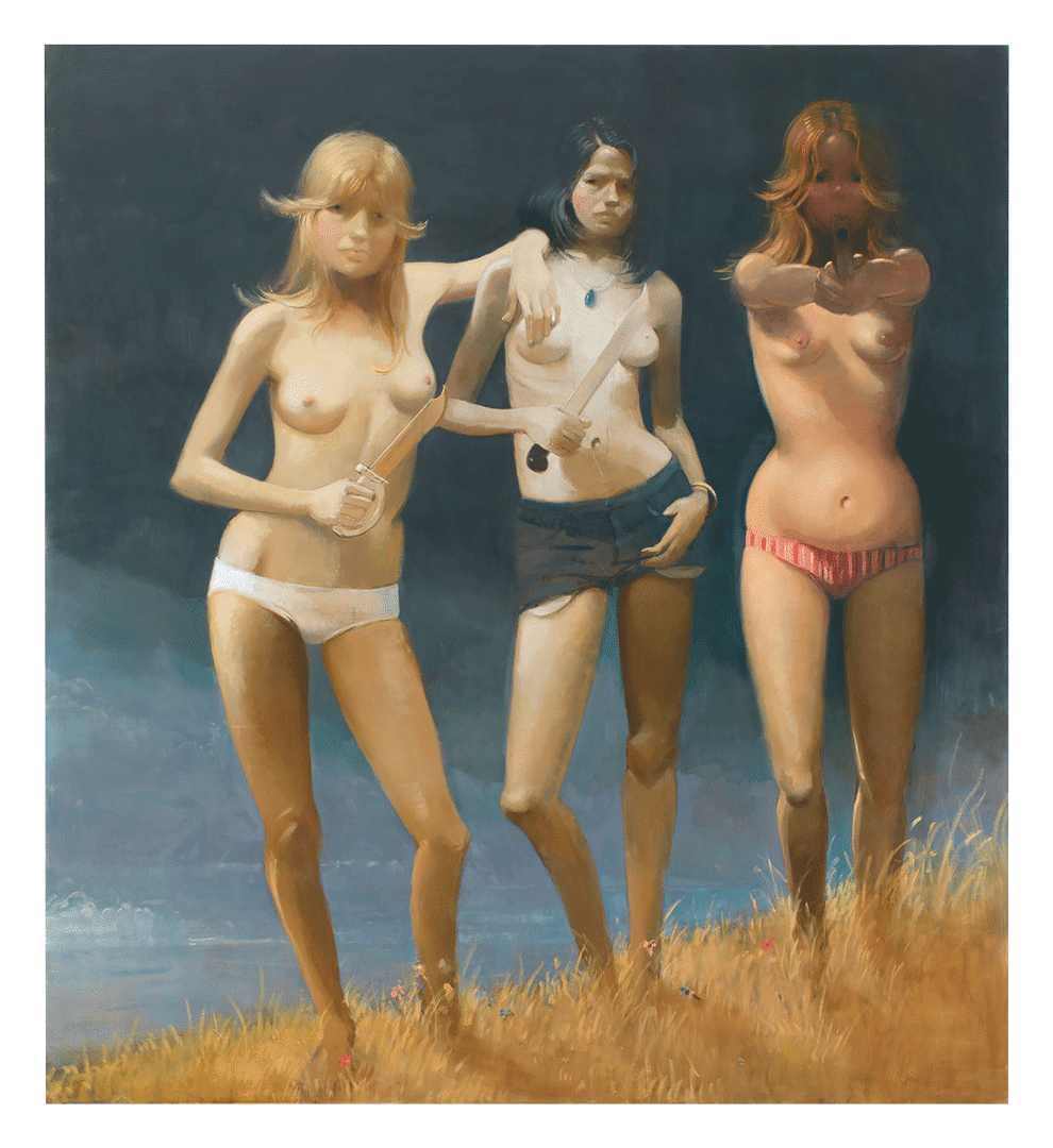 An oil painting on linen by Lisa Yuskavage, titled Scissor Sisters, dated 2020.