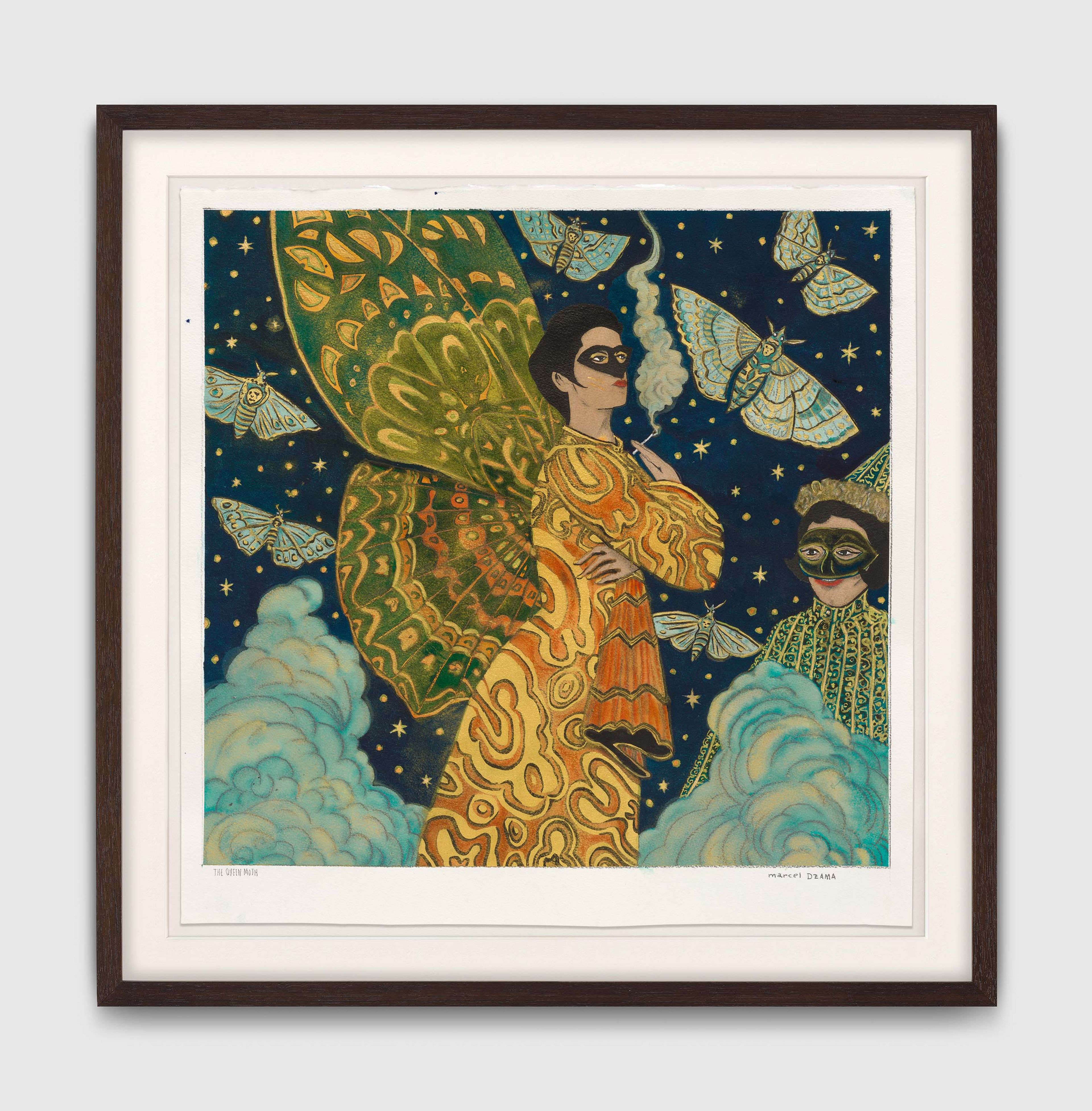 A work on paper by Marcel Dzama, titled The queen moth, dated 2025.