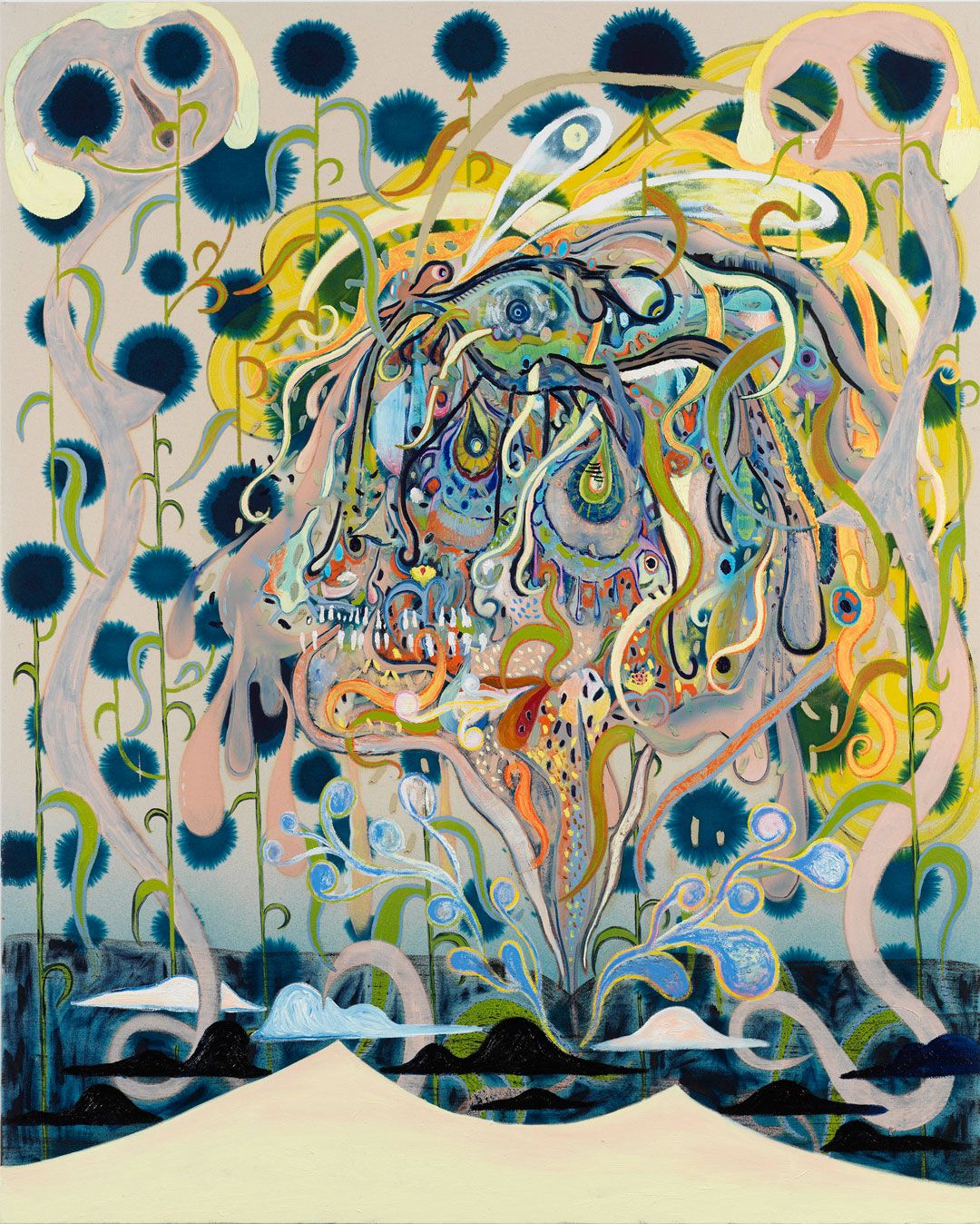 A detial of a painting by Florian Meisenberg titled 2020: Research 2019: Research 2018: Research 2017: Research 2016: Research, dated 2020.