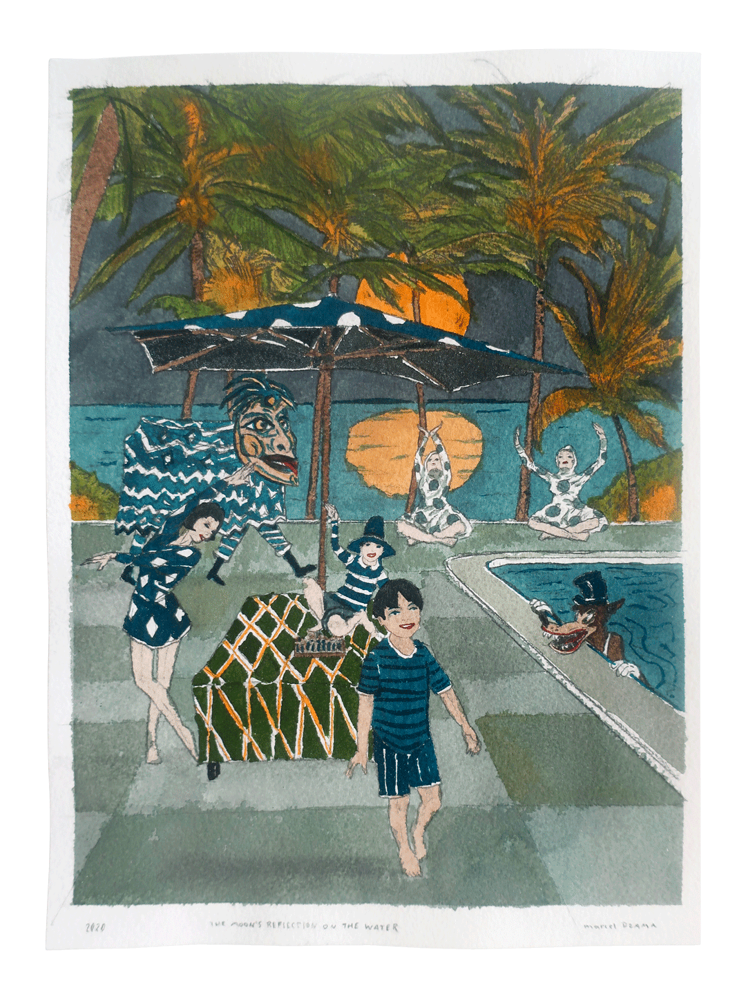 A work on paper by Marcel Dzama titled The moon's reflection in the water, dated 2020.
