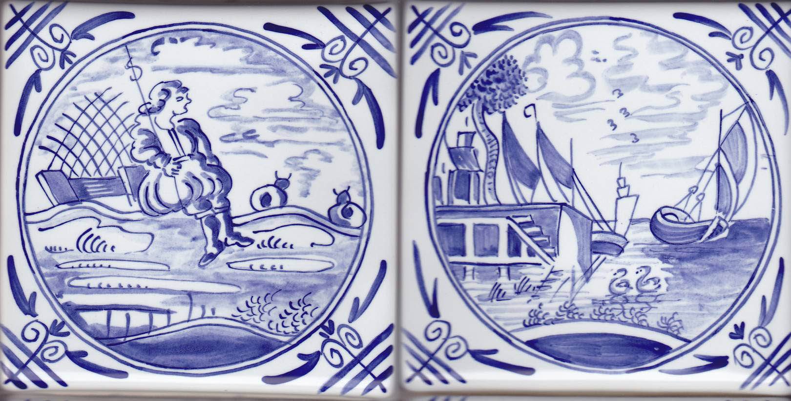 A photo of two Delftware tiles.