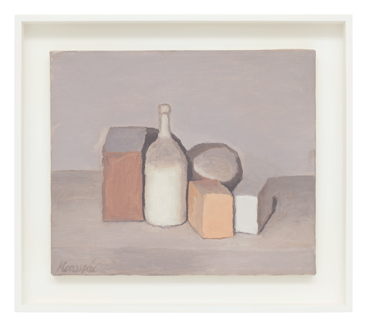 An oil painting on canvas by Giorgio Morandi, titled Natura morta (Still Life), dated 1955.