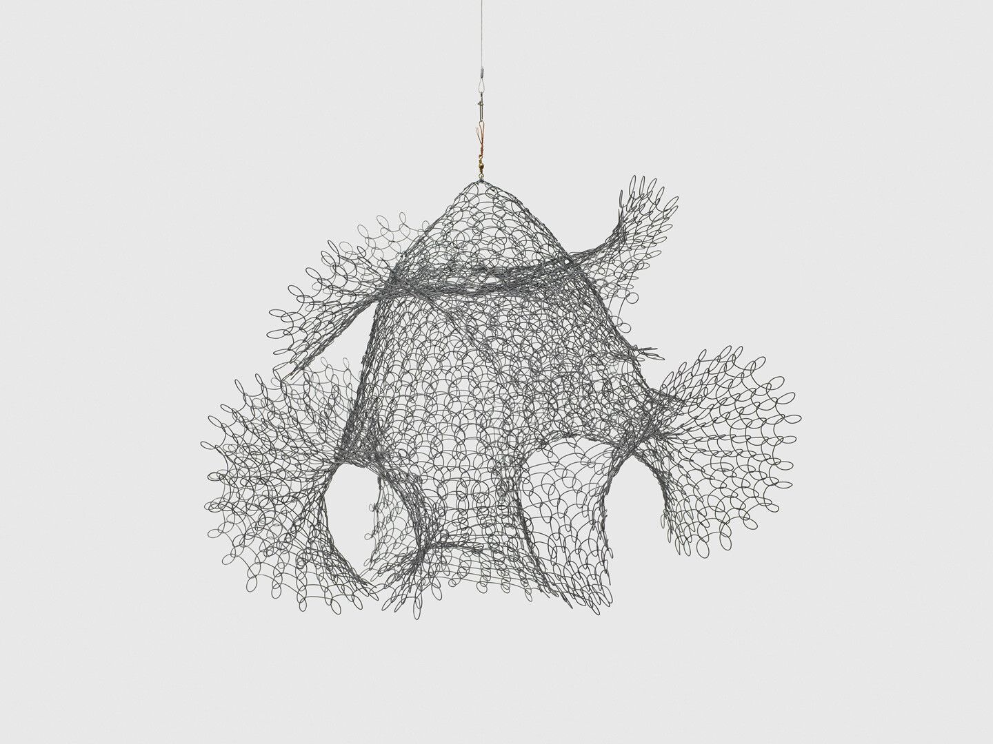 A hanging galvanized wire sculpture by Ruth Asawa, titled Untitled (S.515, Hanging Two Interlocking Hat Forms with Undulating Brims), circa 1950 to 1959.