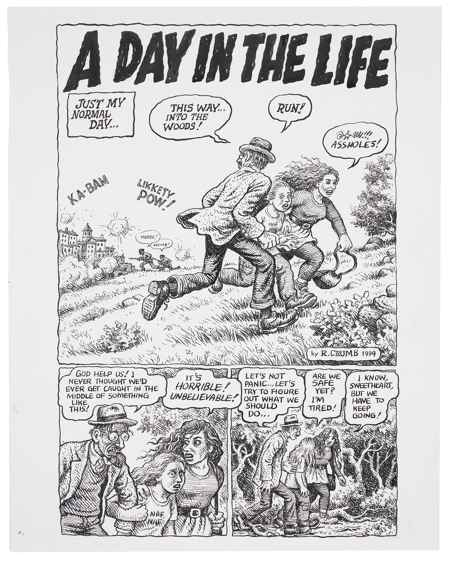 A drawing by R. Crumb titled, Self-Loathing Comics #1: A Day in the Life, dated 1994.