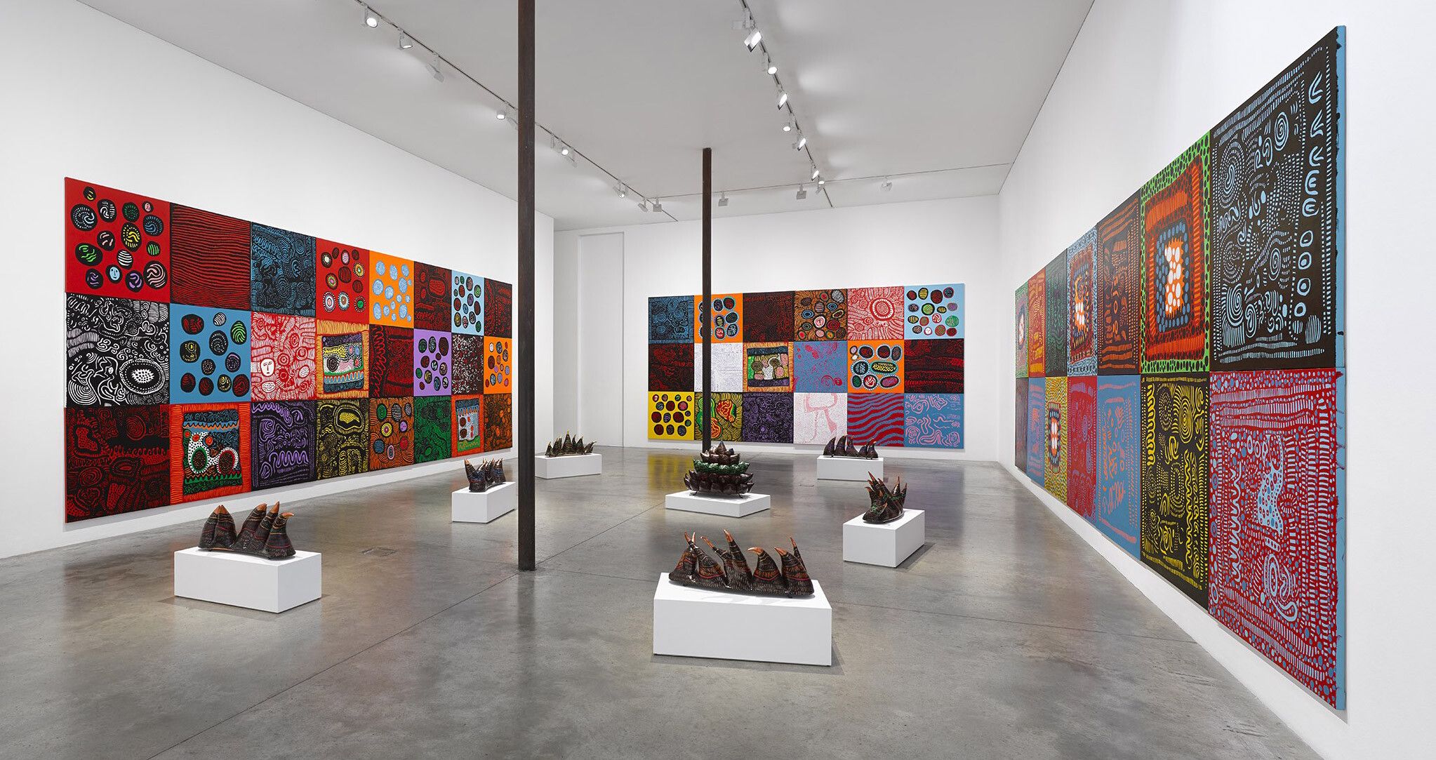 An installation view of an exhibition titled Yayoi Kusama: I Want Your Tears to Flow with the Words I Wrote at Victoria miro, London, in 2021.