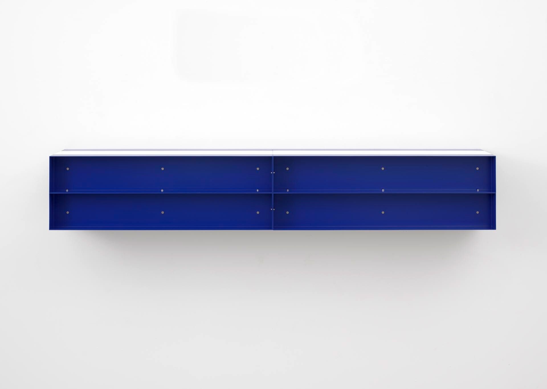 An untitled enamel and aluminum sculpture by Donald Judd, dated 1989.