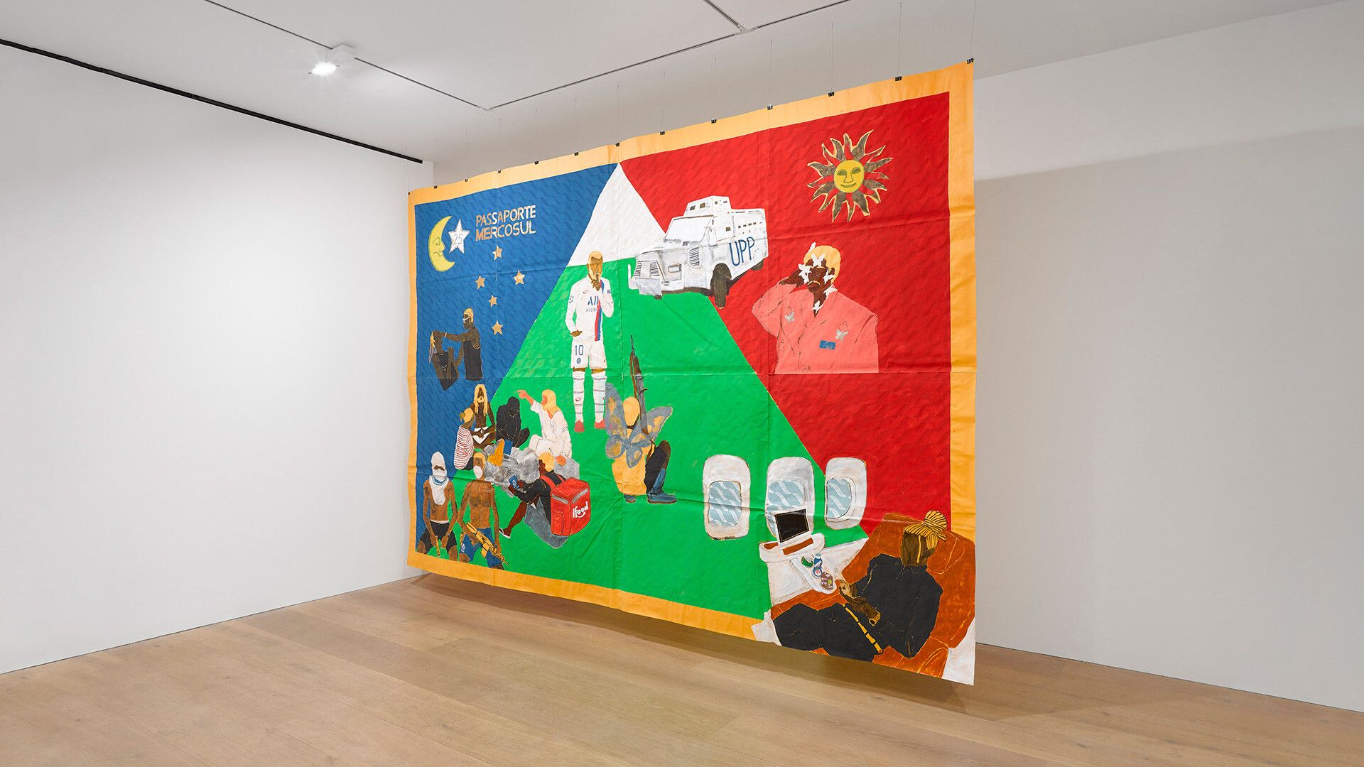 An installation view of an exhibition titled, Maxwell Alexandre, Pardo é Papel: Close a door to open a window, at David Zwirner London in 2020.