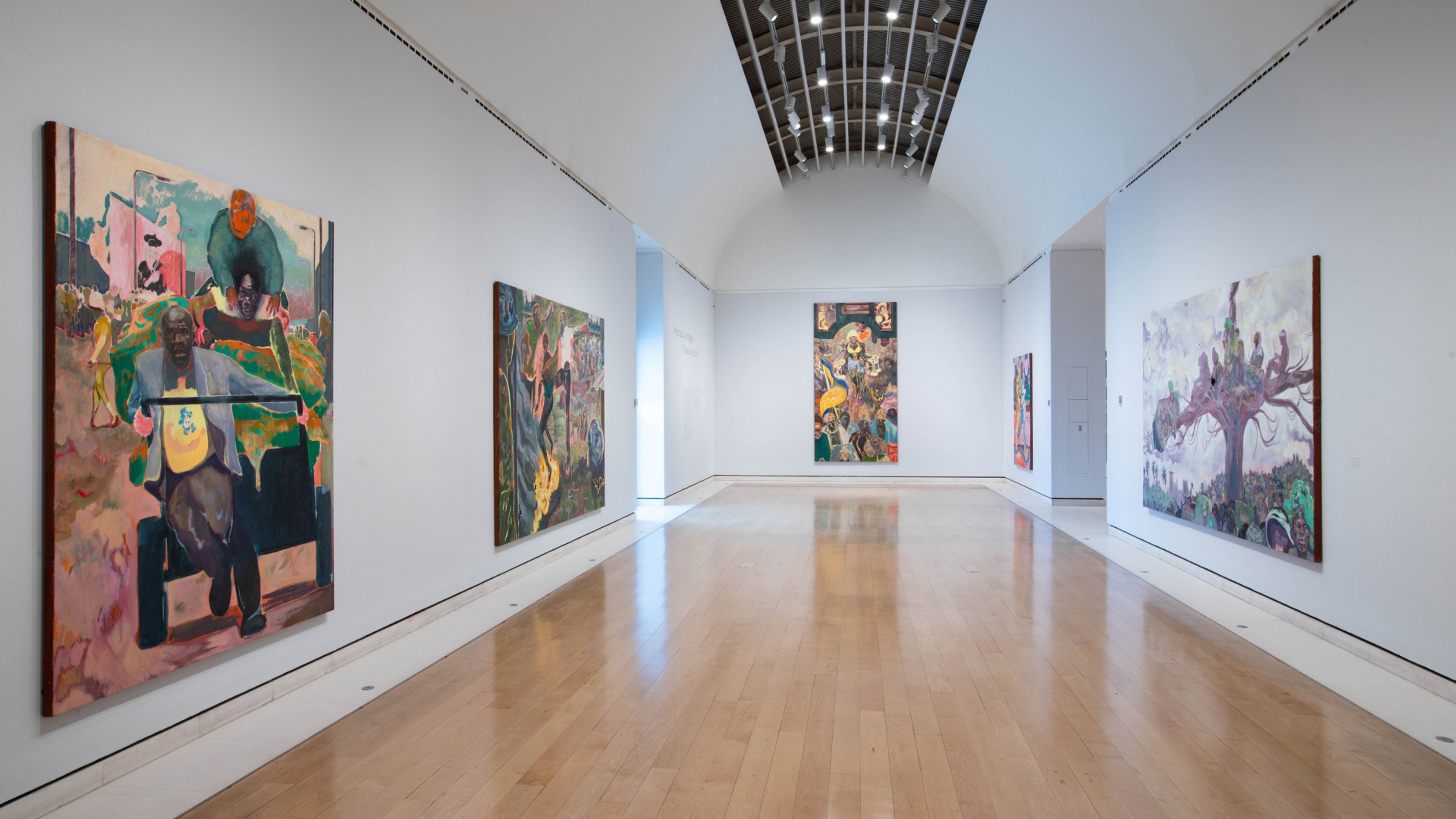 Installation view of the exhibition, Michael Armitage: Paradise Edict, at the Royal Academy of Arts in London, dated 2021.