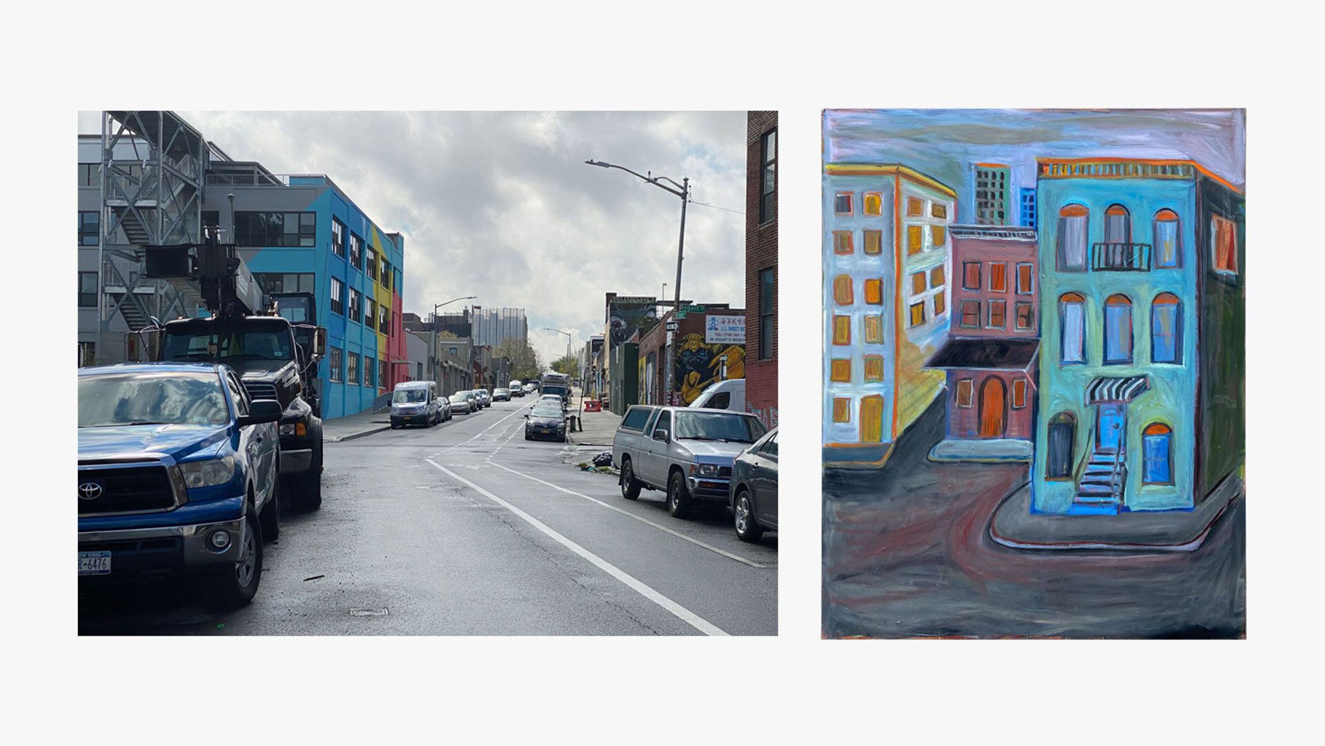 A composite image featuring an Untitled painting by Josh Smith, dated 2020, and a street scene from Brooklyn, New York, during the COVID lockdown in 2020.