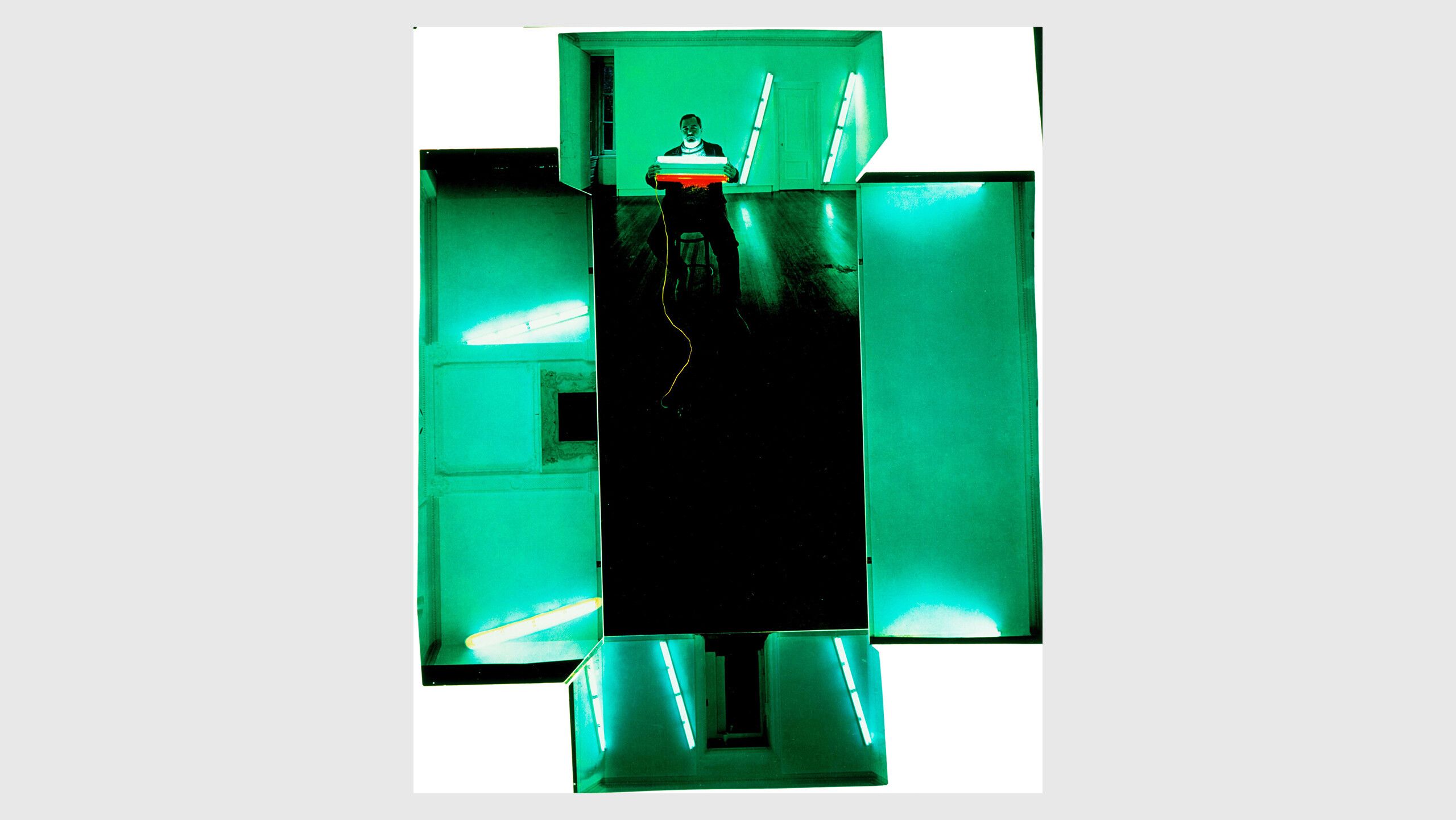 An image from Look Magazine, featuring a portrait by Arnold Newman of Dan Flavin in his October 7–November 8, 1967 exhibition at Kornblee Gallery. 