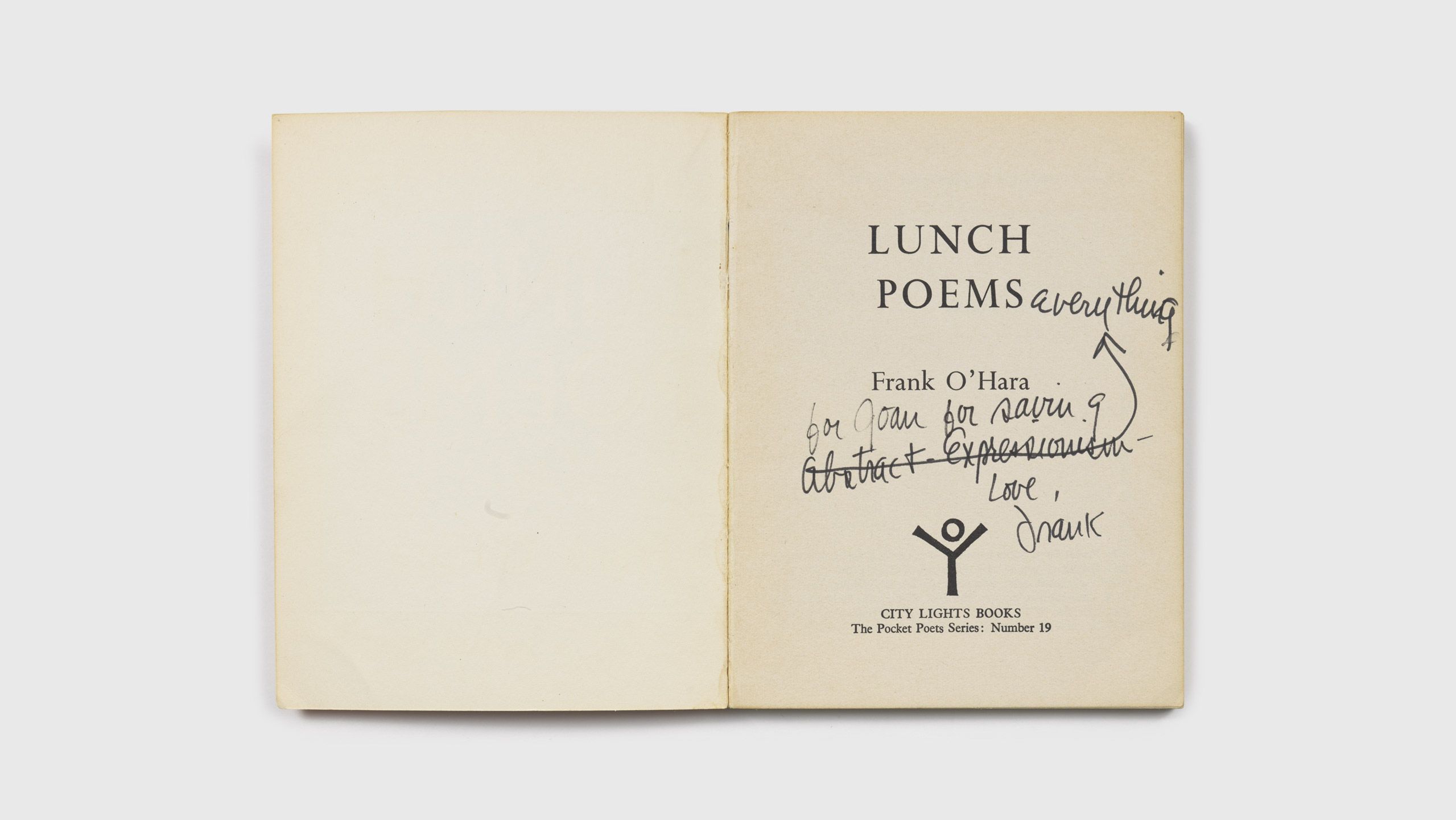 A spread from Frank O'Hara's 1964 book Lunch Poems inscribed to Joan Mitchell'.
