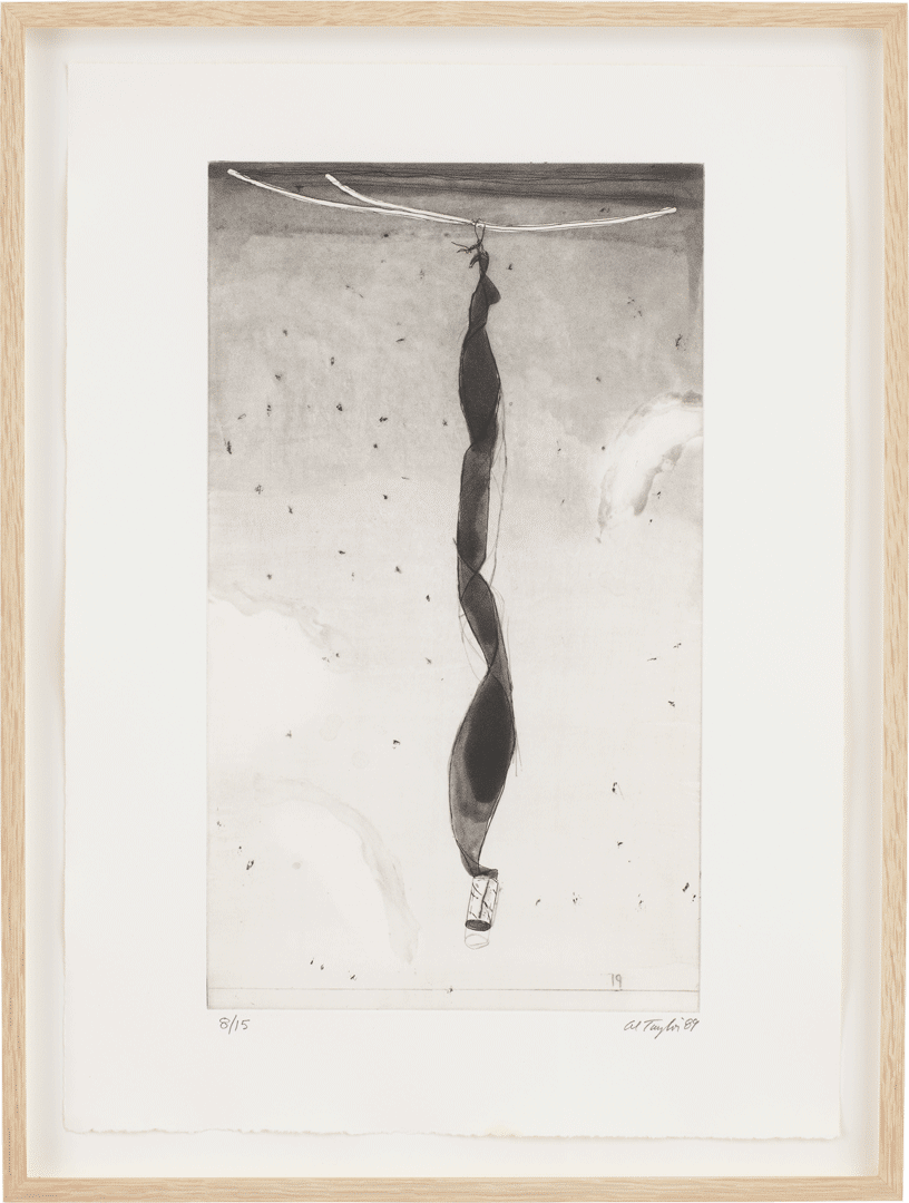 A line etching, spit bite aquatint, drypoint, and polishing printed in black ink on Zerkall Bütten paper by Al Taylor, titled 	"Flypaper" from Ten Common (Hawaiian Household) Objects, dated 1989.