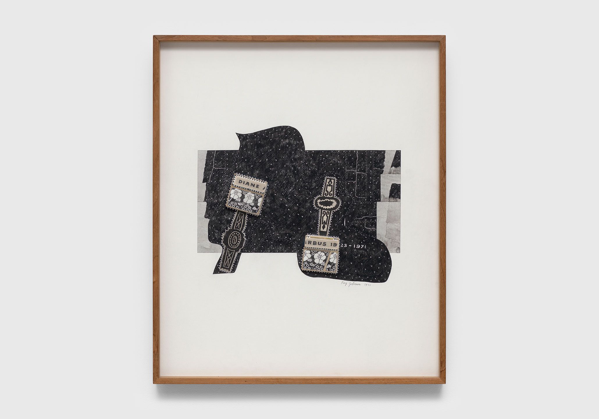 A collage on corrugated cardboard by Ray Johnson, titled Untitled (Long - What a Dump), circa 1990.