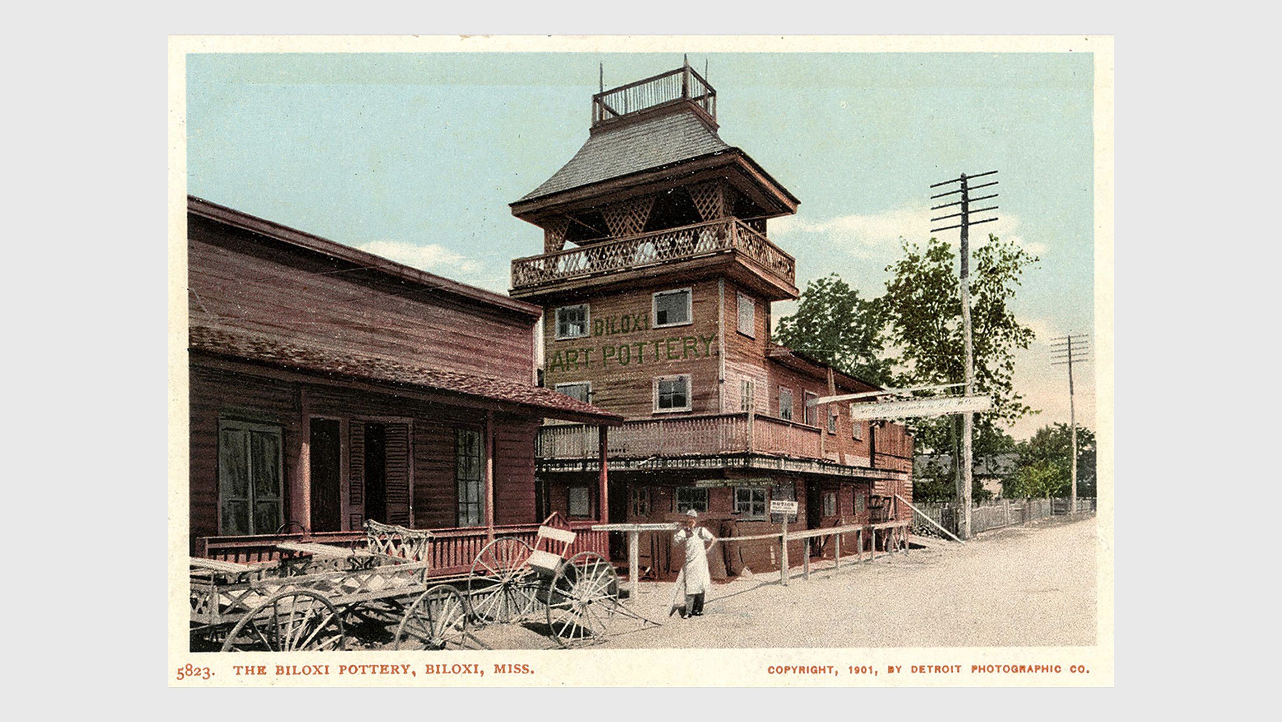 A postcard advertising George Ohr’s studio—which he built himself—in Biloxi, Mississippi, 1901.