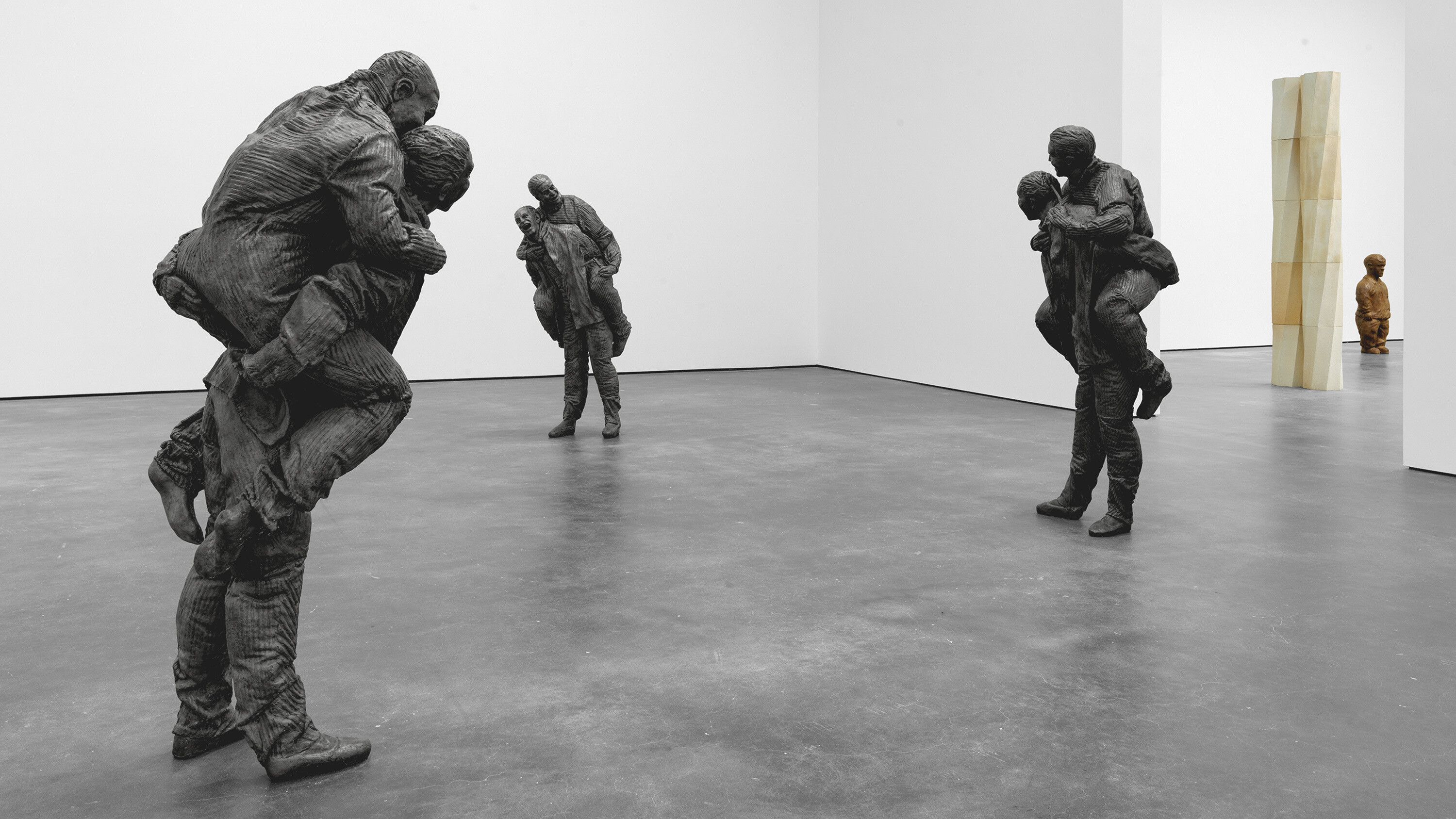 An installation view of the works Hanging Figures featured in the exhibition titled Juan Muñoz: Seven Rooms, David Zwirner, New York, dated 2022
