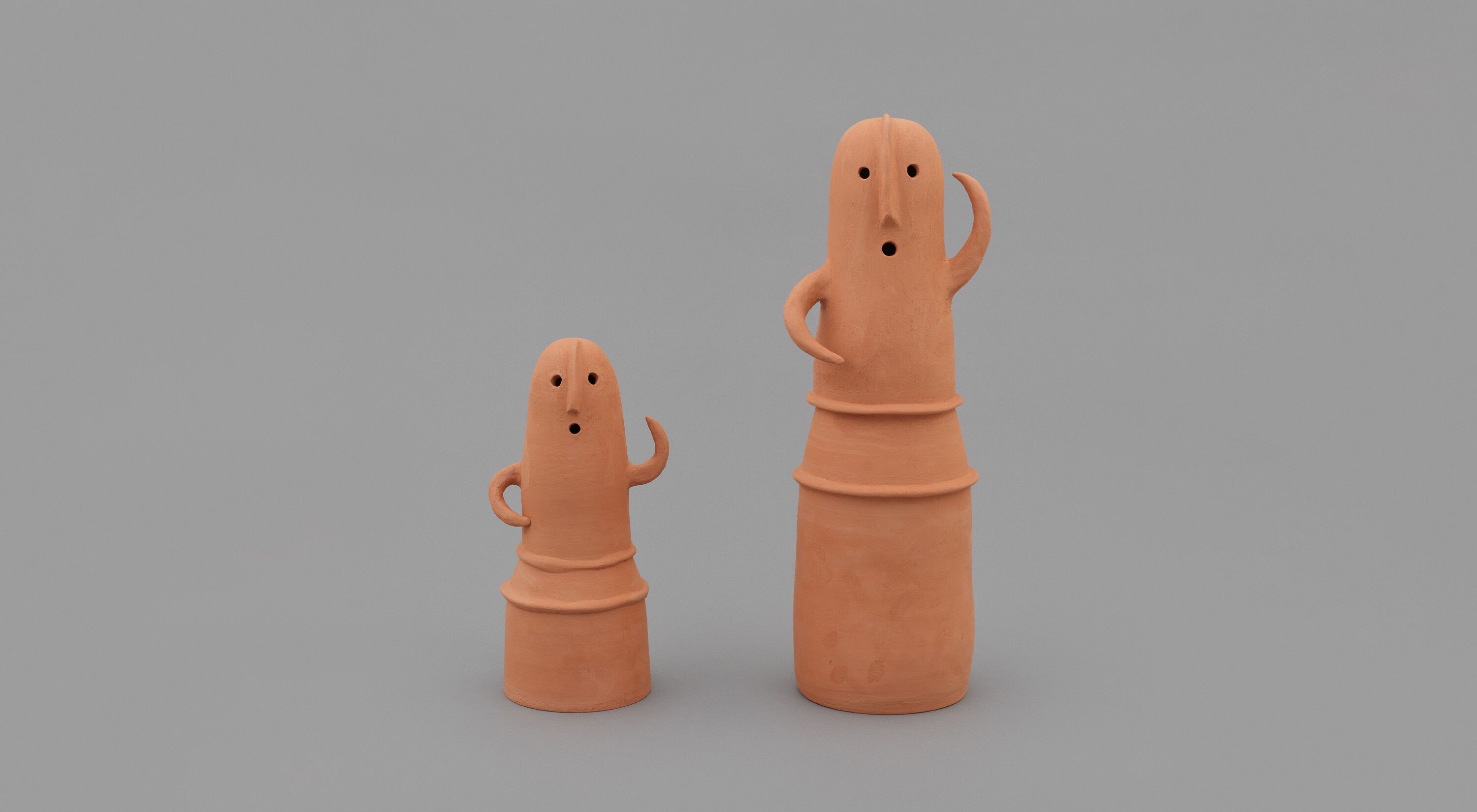 A two part clay artwork by Shio Kusaka, titled (Haniwa study 1), dated 2021.