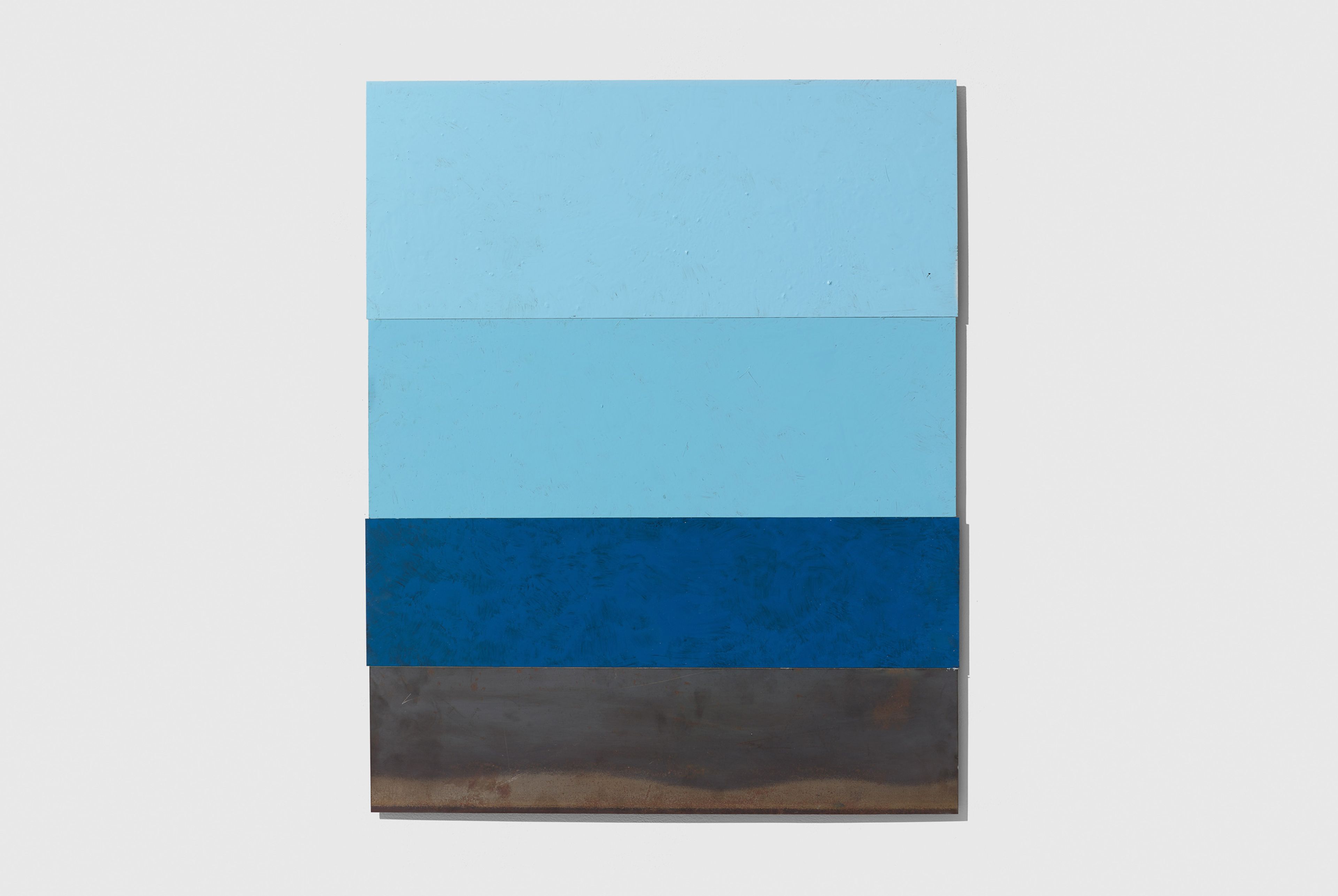 A steel painting by Merrill Wagner titled One Square Equals Three Blues dated 2013