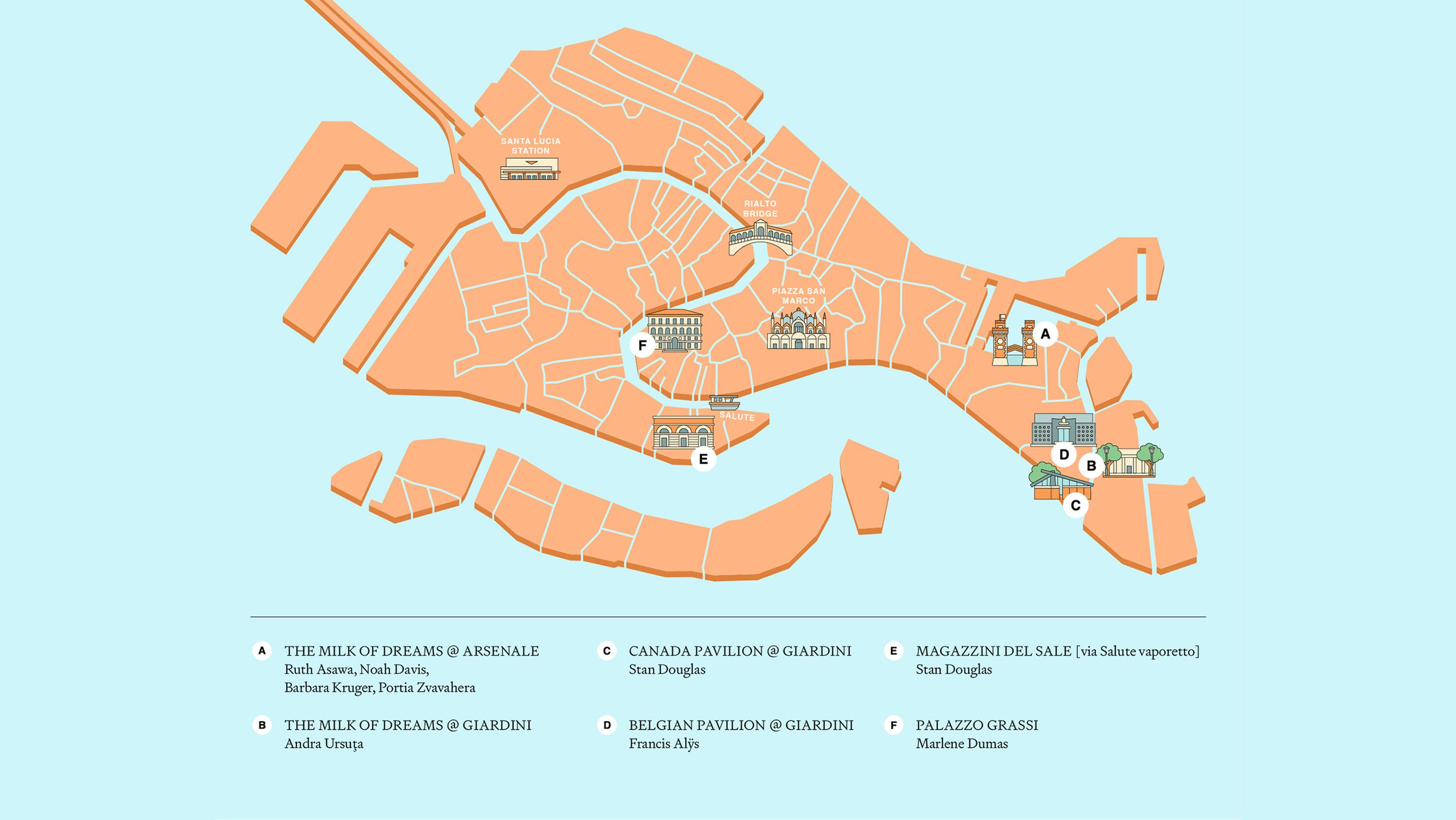 An illustrated map of Venice featuring the exhibitions and venues where eight David Zwirner artists are participating.
