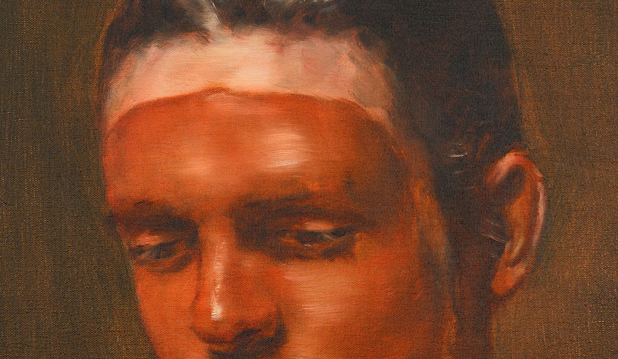 A detail of a painting by Michaël Borremans titled The Racer, dated 2022