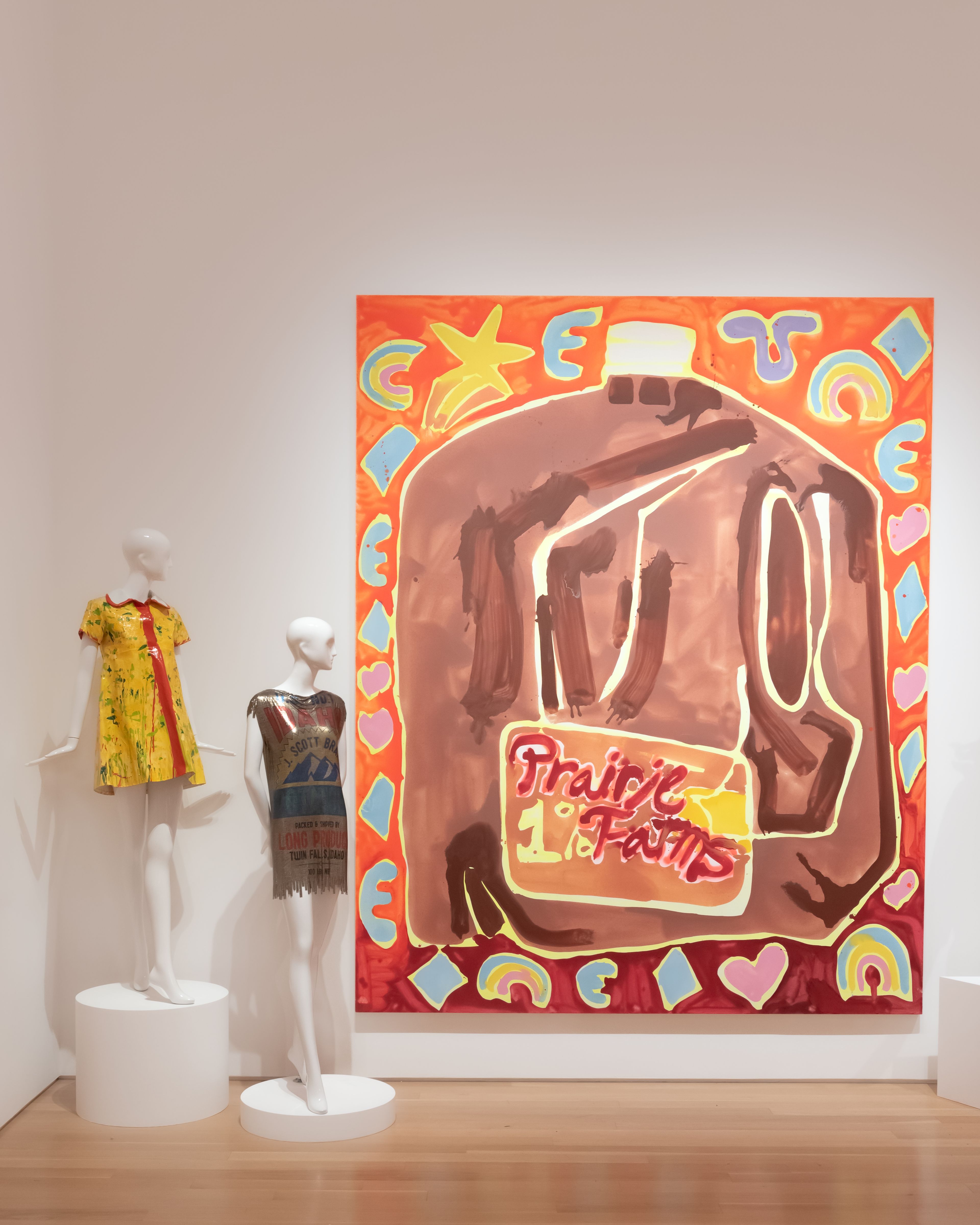 Installation view of the exhibition Katherine Bernhardt and Jeremy Scott: A Match Made in Heaven at the Nerman Museum of Contemporary Art in Overland Park, Kansas, dated 2024.