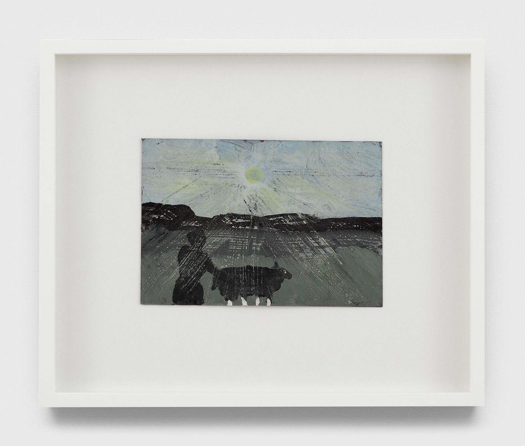 An undated oil painting on cardstock by Frank Walter, titled Untitled (Self-portrait at night with animal).