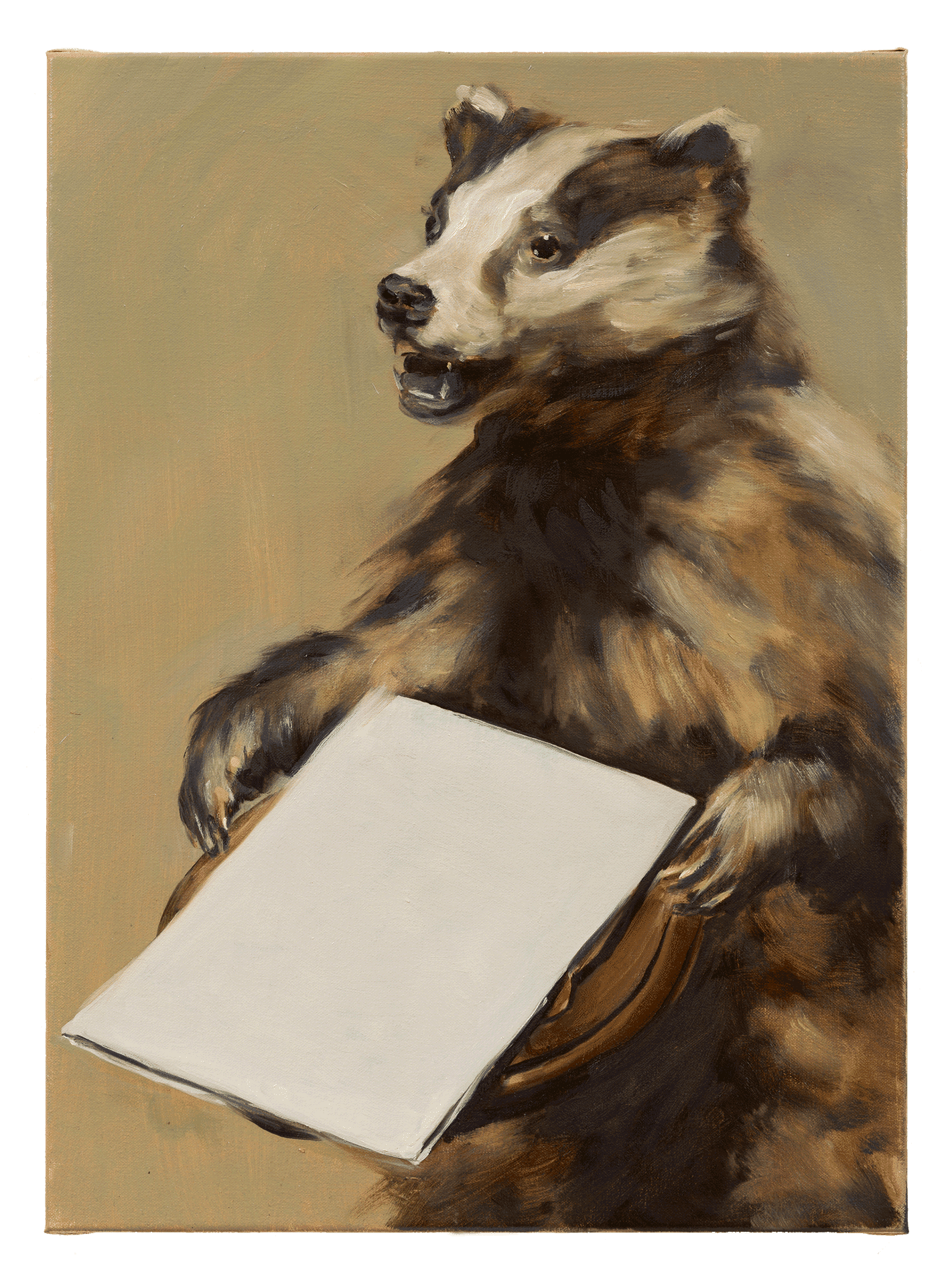 A painting by Michaël Borremans, titled Black Mould / The Badger's Song II, dated 2015.
