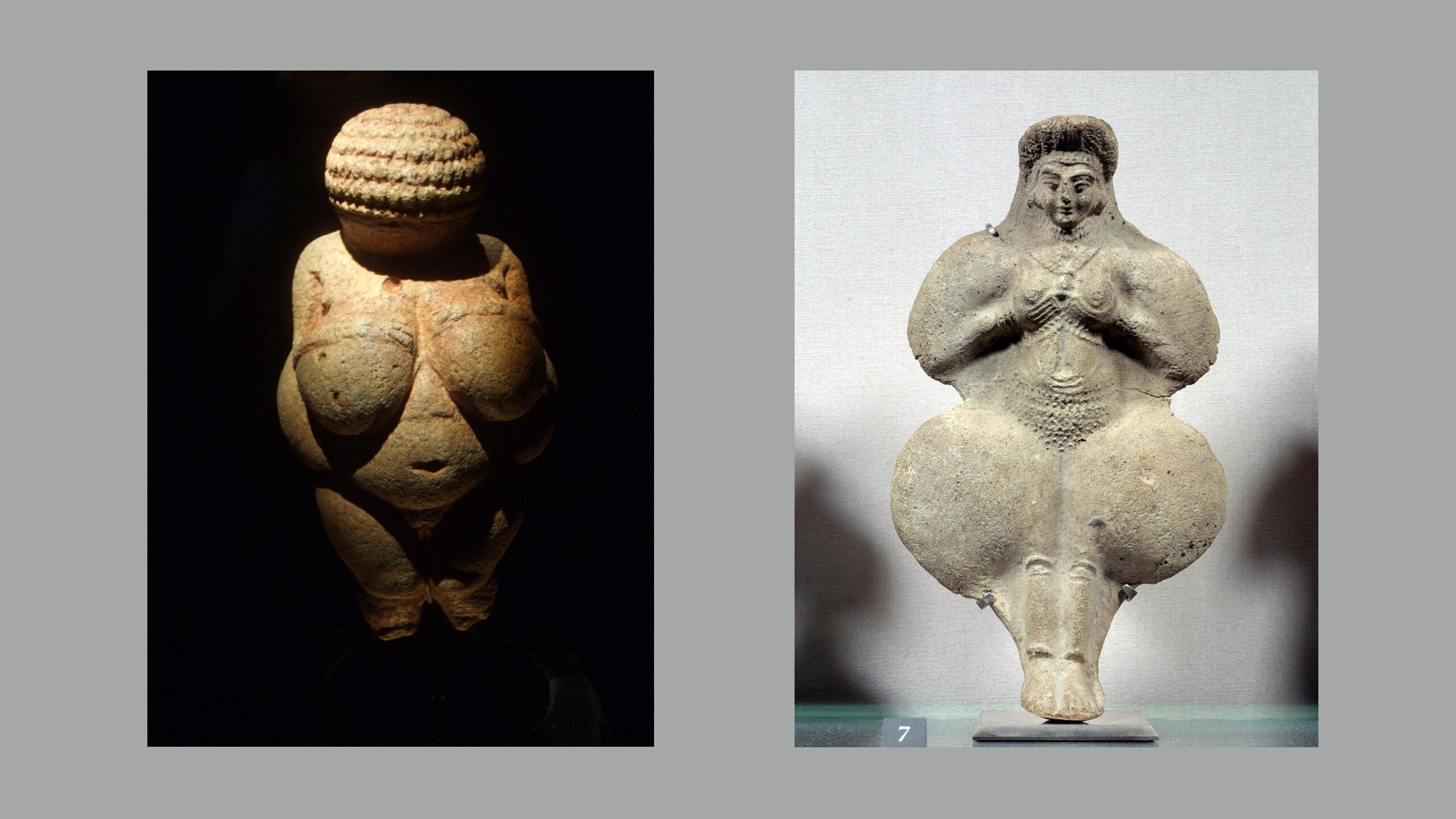 Left: Venus of Willendorf, c. 24,000-22,000 BCE; Right: Statuette of Woman, 14th–12th censure BCE. Louvre, Paris. Photo by Josse / Bridgeman Images
