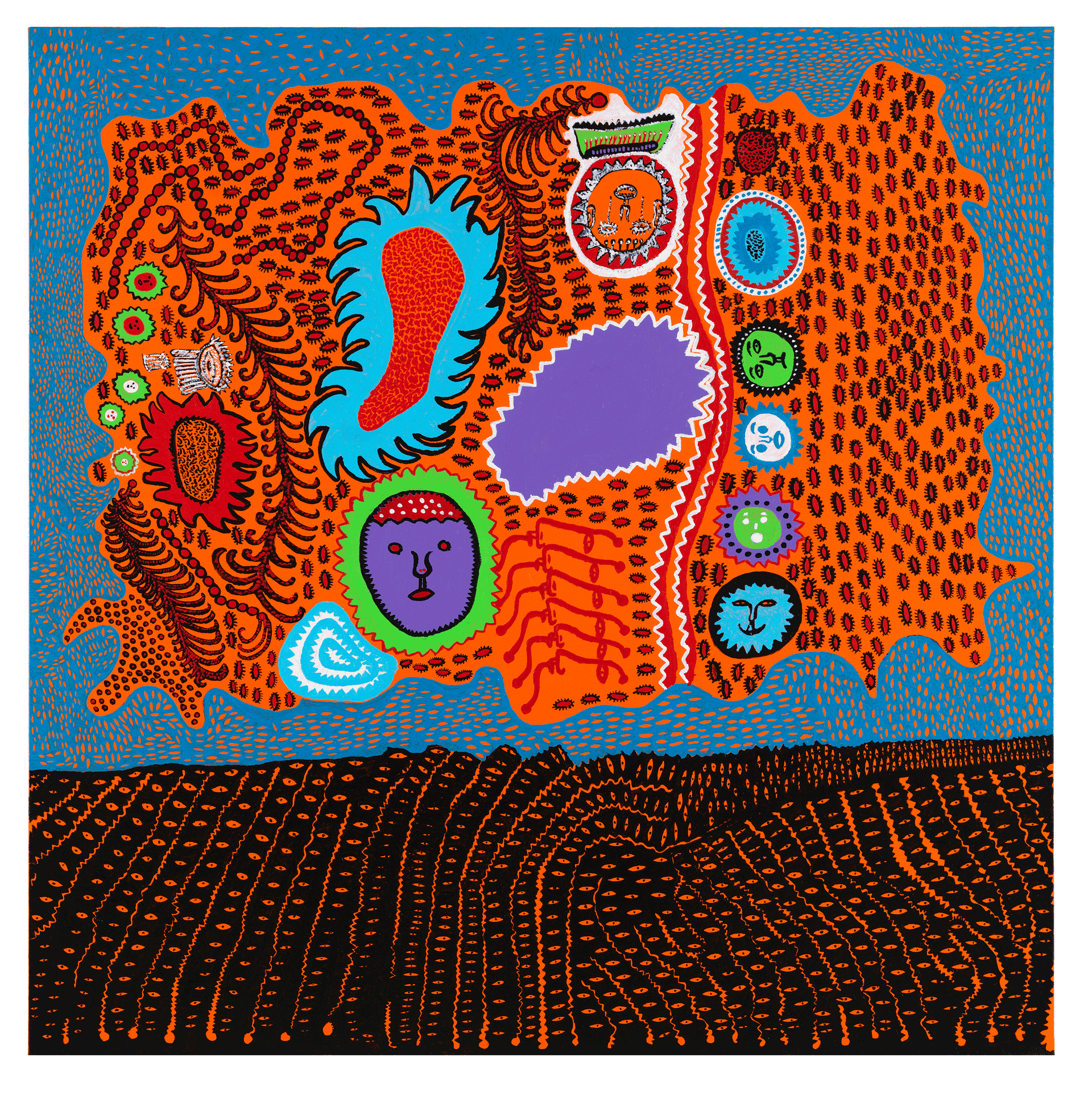 A painting by Yayoi Kusama, titled Has Even Love Run Quietly Far From Me?, dated 2017.