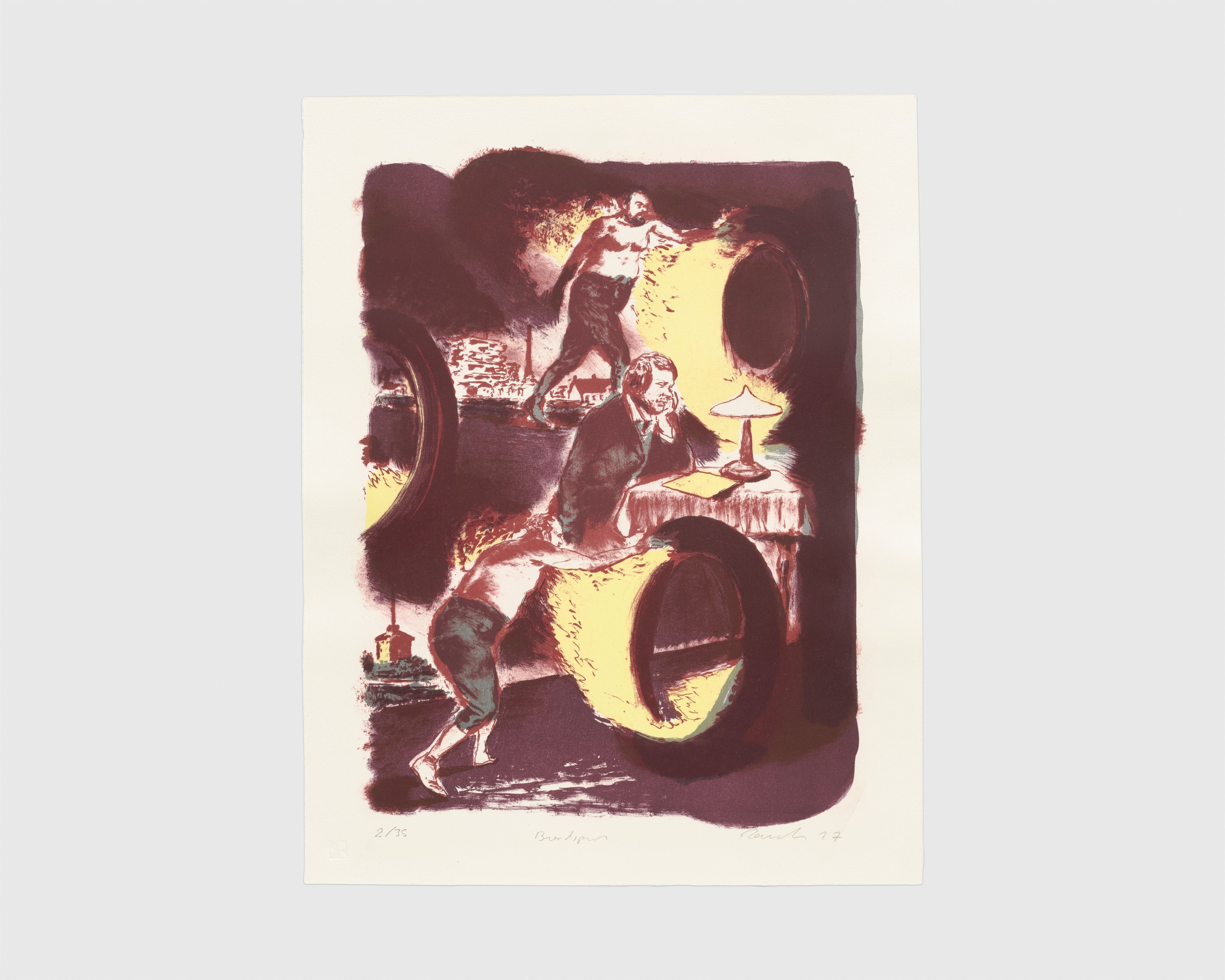 A three-color lithograph and chalk on Hahnemühle Lanaroyal paper by Neo Rauch, titled, Lichtbringerinnen, dated 2012.