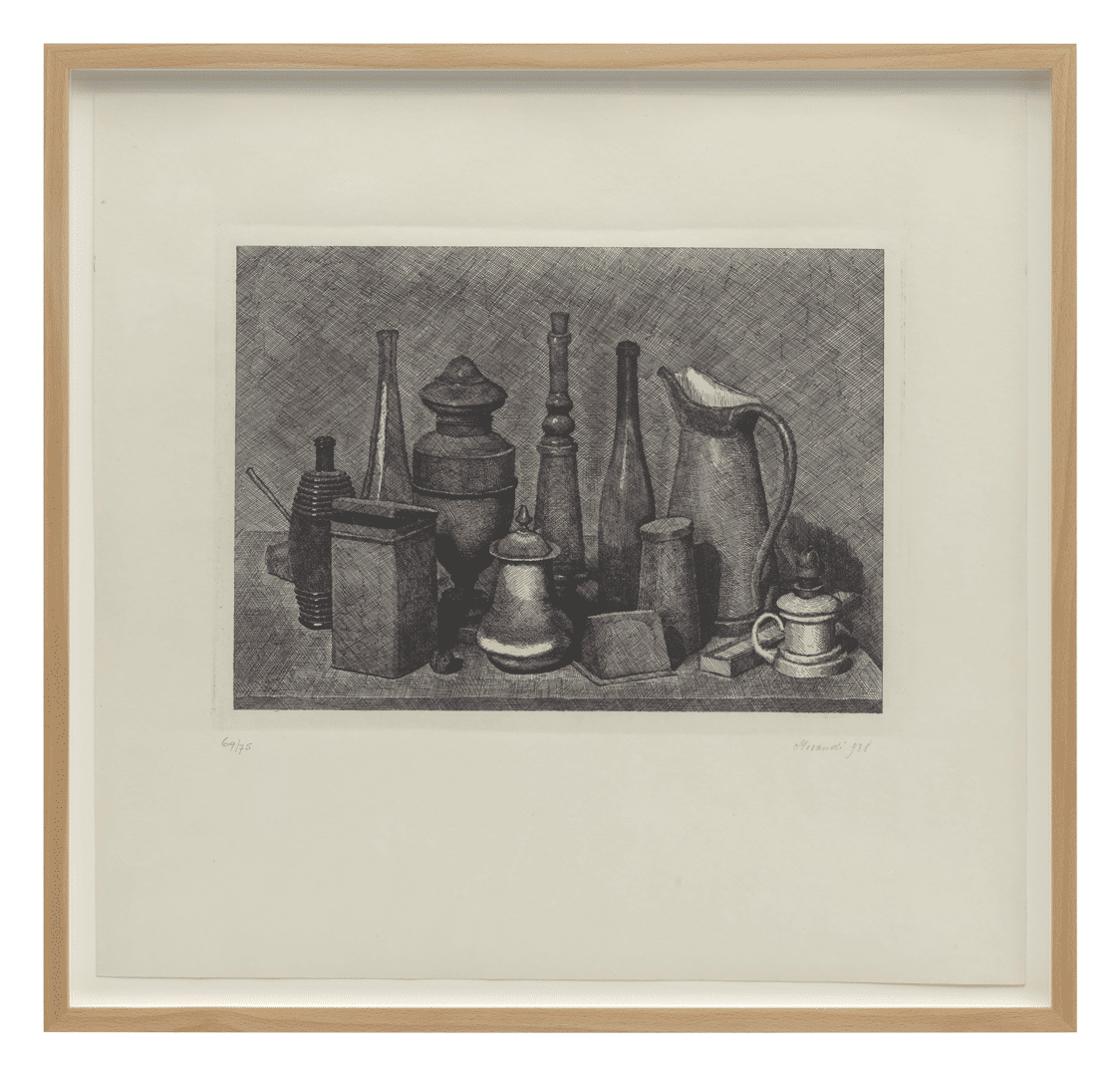 An etching on paper by Giorgio Morandi, titled Grande natura morta con la lampada a destra (Large still life with the lamp on the right), dated 1928.