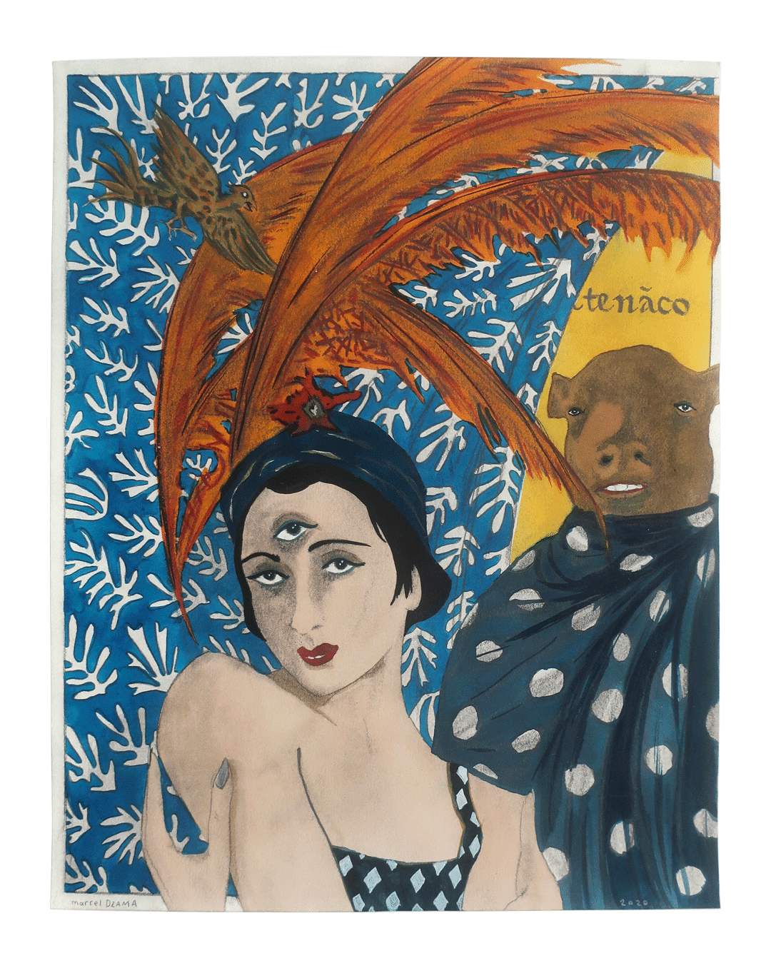 A work on paper by Marcel Dzama titled I am her minotaur and she is my matador, dated 2020.