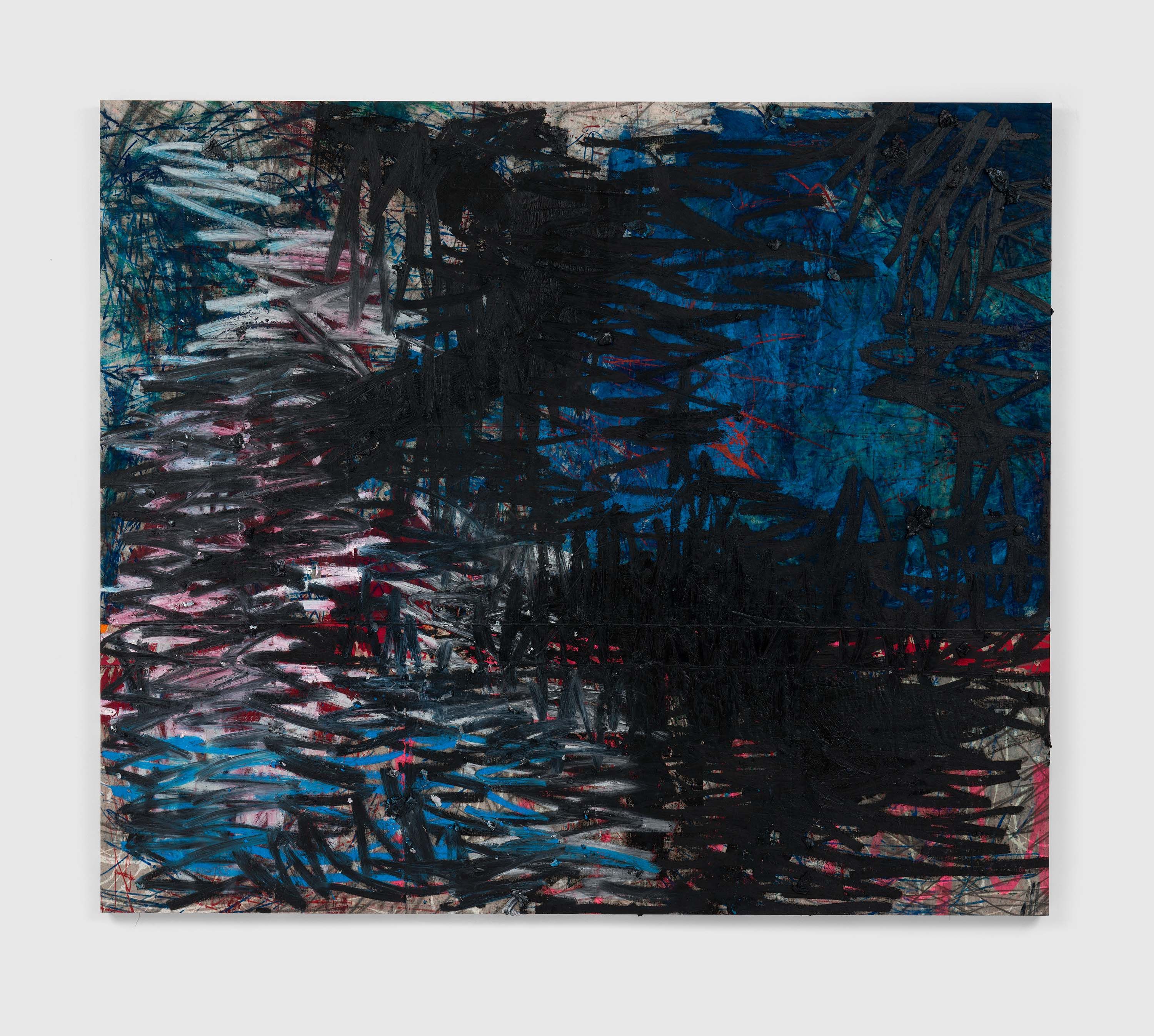 An oil, oil stick, graphite and spray paint on canvas and linen artwork by Oscar Murillo, titled manifestation, 2020 to 2022.