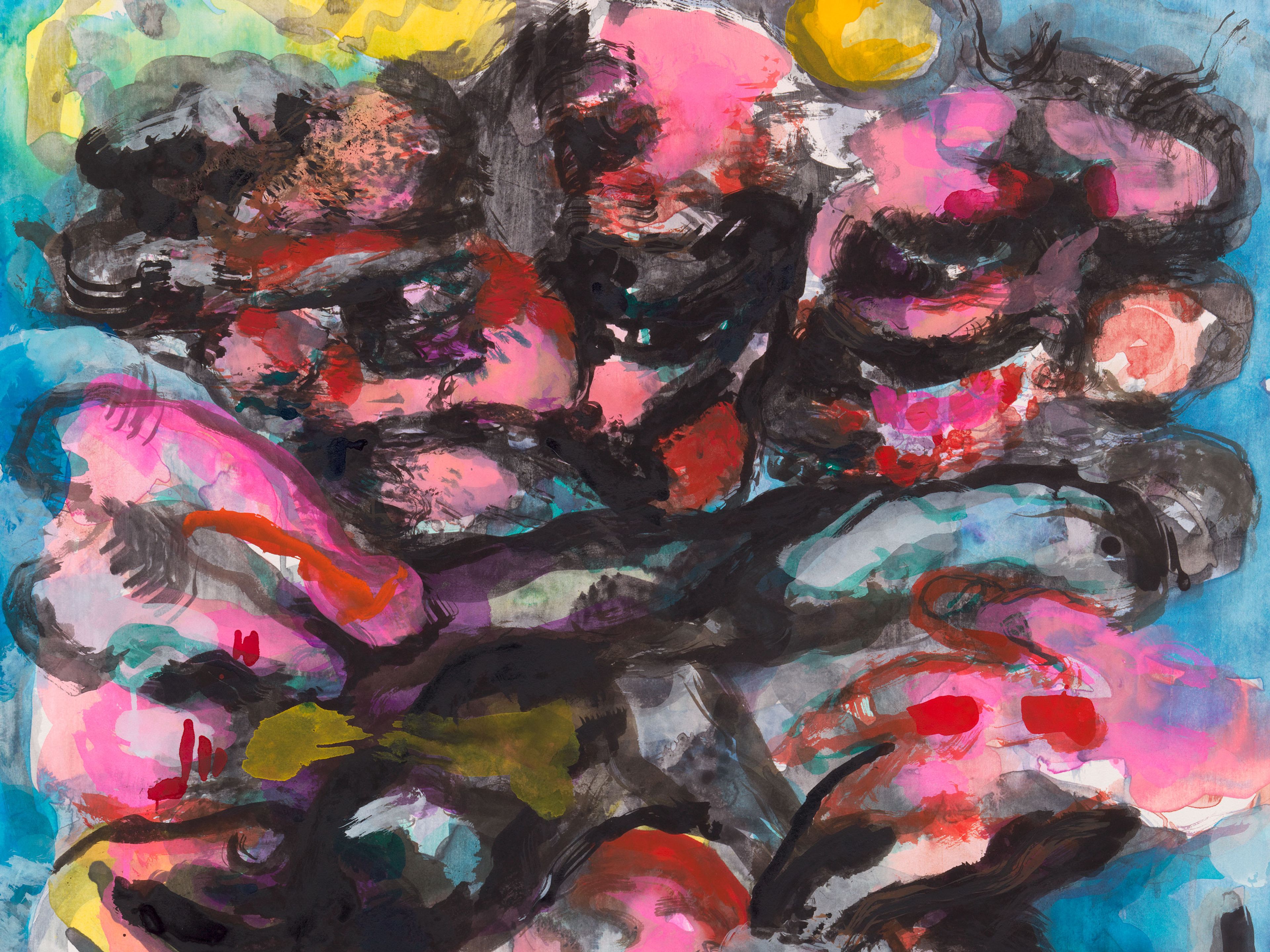 Detail of a watercolor monotype by Dana Schutz, titled Sea Group dated 2021.