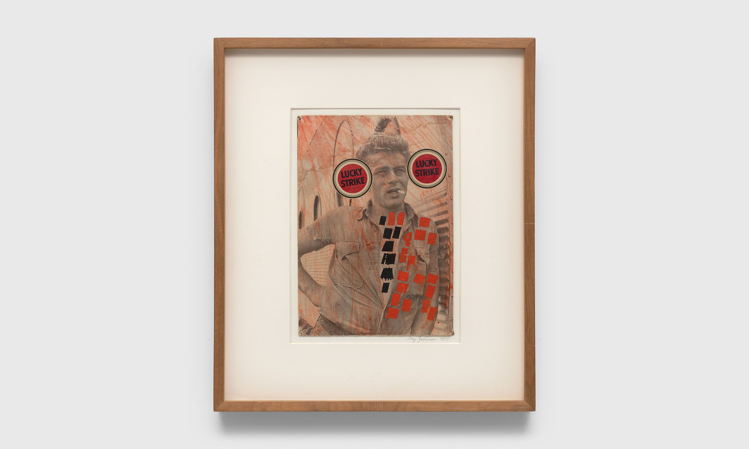 A collage on board by Ray Johnson, titled James Dean, dated 1957.