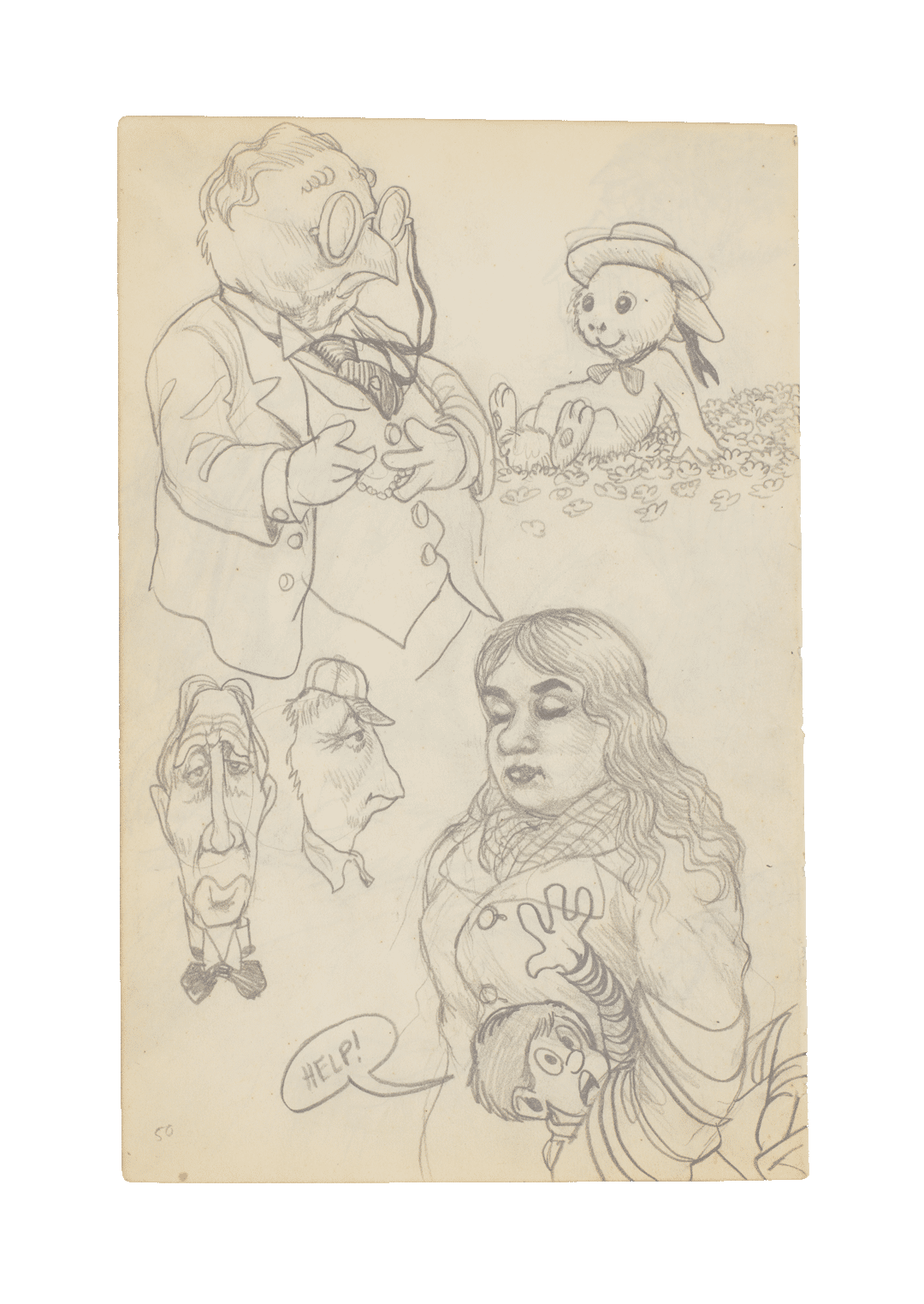 The recto of a drawing by R. Crumb titled Untitled (Help! from School Notebook 1961 page 49 slash 50), dated circa 1962.
